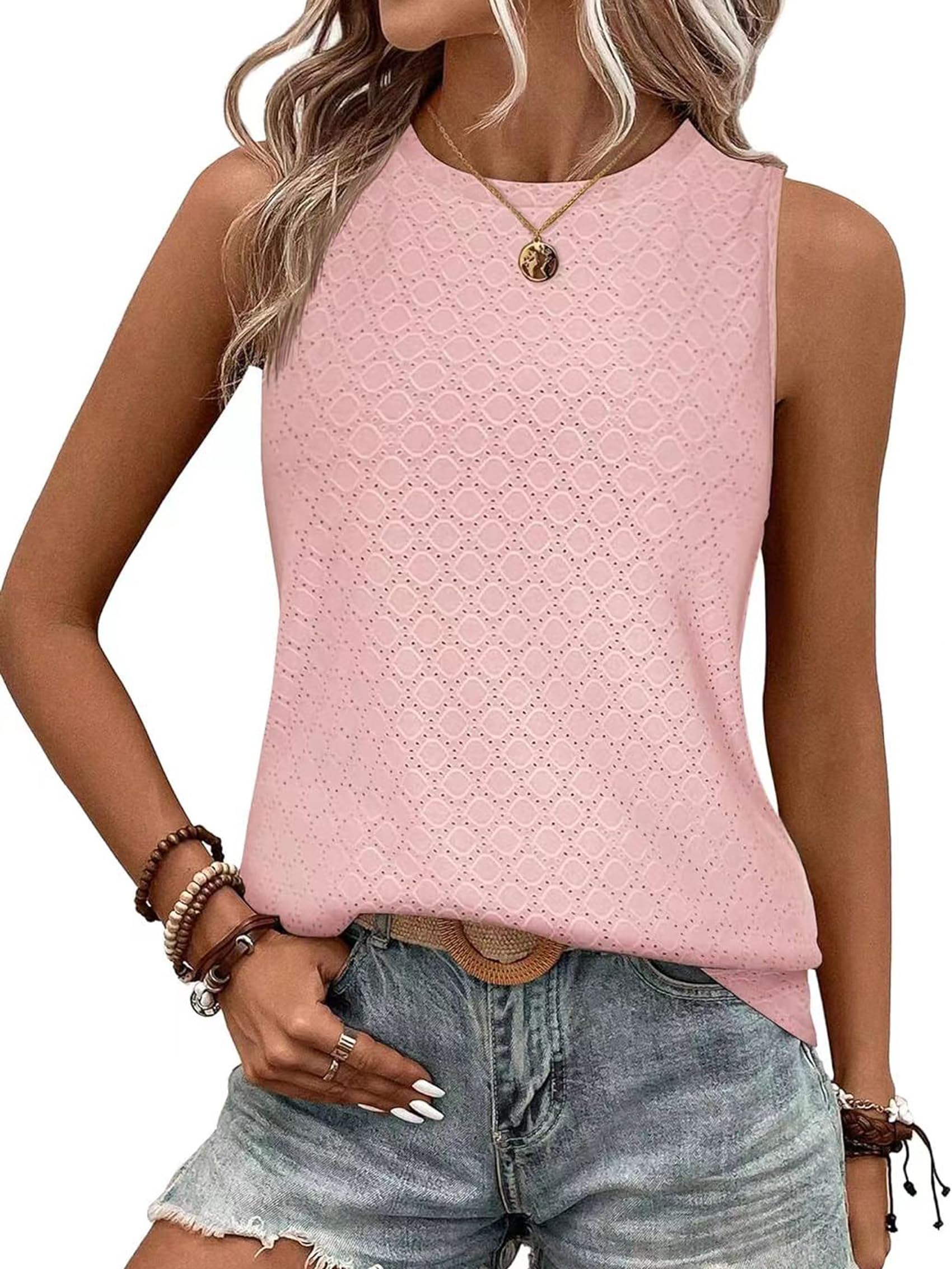 BAISHENGGT Damen Tank Tops Sommer Rundhals Ärmellos Ausgehöhlt Basic T Shirt Oberteile