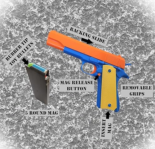 Miniatura 2 de Juguete revólver réplica de M1911 Colt 45, magazine eyectable y mecanismo de retroceso + placa de comisario y 5 balas extras.