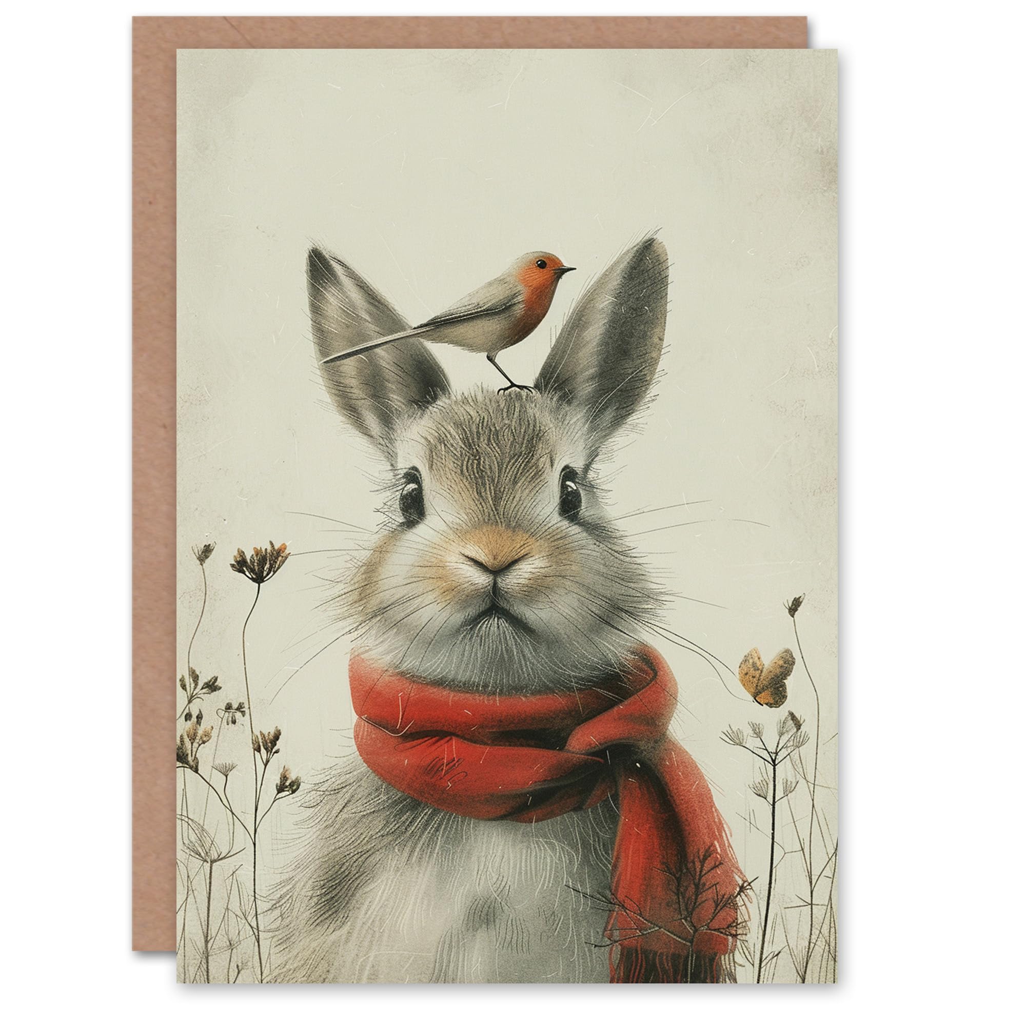 Artery8 Birthday Card Cute Rabbit Bunny Robin Bird Winter For Child Kids Son Daughter Greeting Card