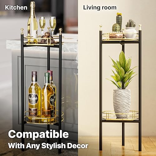 Miniatura 7 de BENOLDY Mesa de soporte para plantas de 2 niveles, marco de metal negro con 2 bandejas portátiles doradas, soporte para plantas, bandeja para