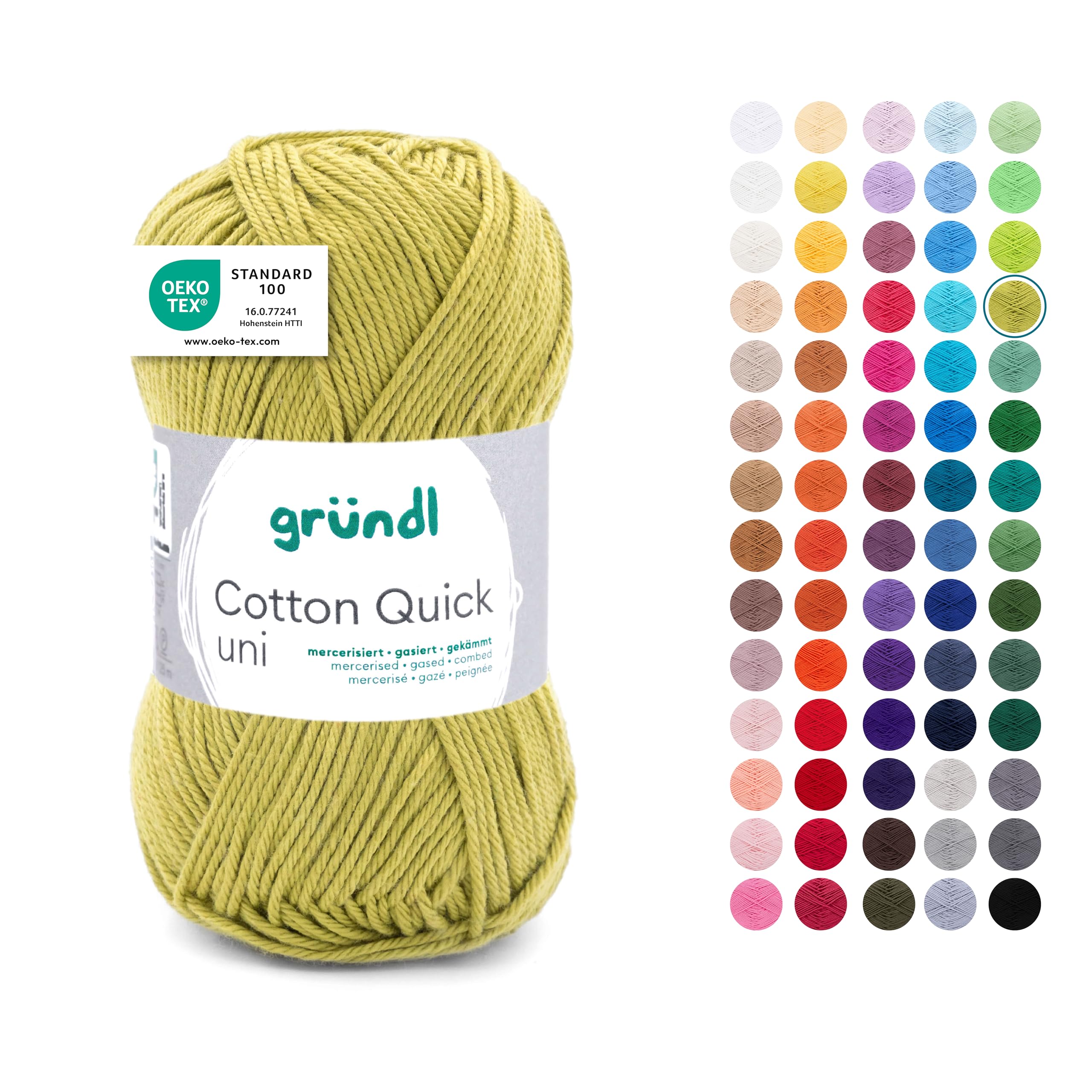 Gründl Wolle Cotton Quick uni - dünne Wolle zum Häkeln - Strickgarn - Häkelgarn - Glänzend und hautfreundlich - 100% Baumwolle - 1 Knäuel / 125 m - Nadelstärke 3-4 - Hellolive