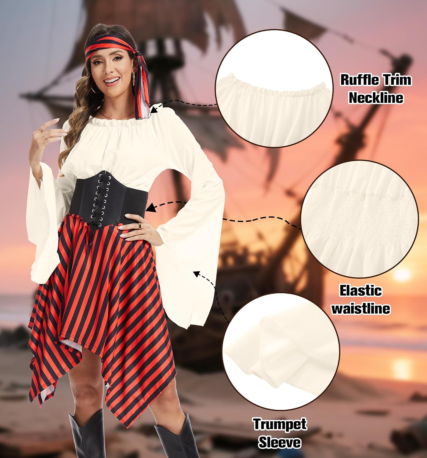 DARFULA 6 Pcs Womens Pirate Costume Renaissance Shirt Dress with Head Scarf Waist Belt Medieval Costume Accessory Sets