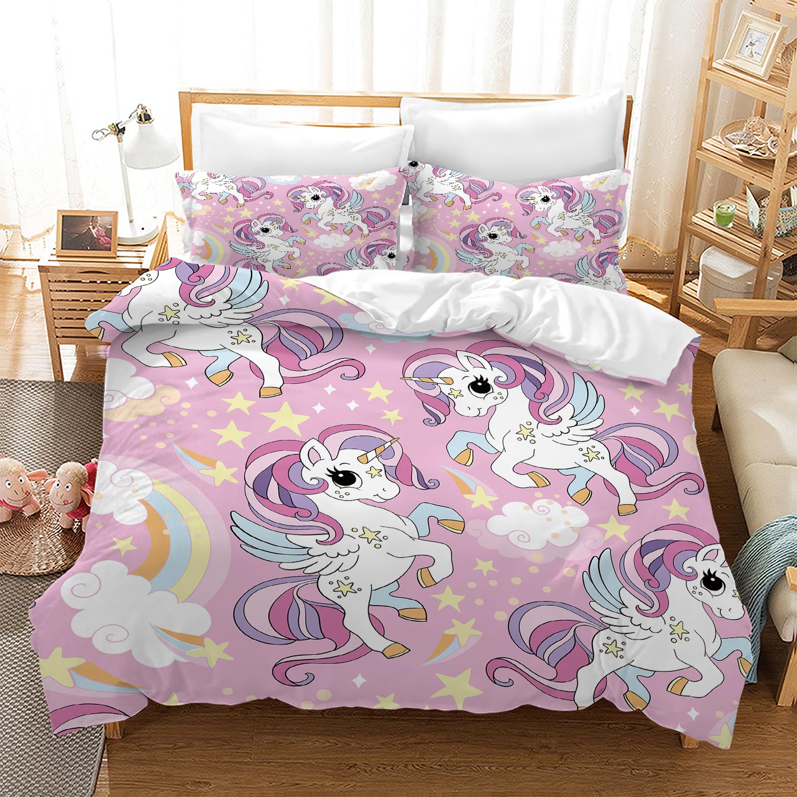 PQCXXA Unicorn Girls Single Duvet Cover Set 135x200cm,2 Pillowcases(Dreamy)