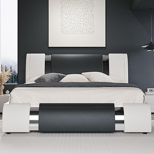 HOOMIC Base de cama moderna de piel sintética tamaño Queen con decoración de piezas de hierro, cama de plataforma de perfil bajo con cabecera disponible en Yaxa Peru