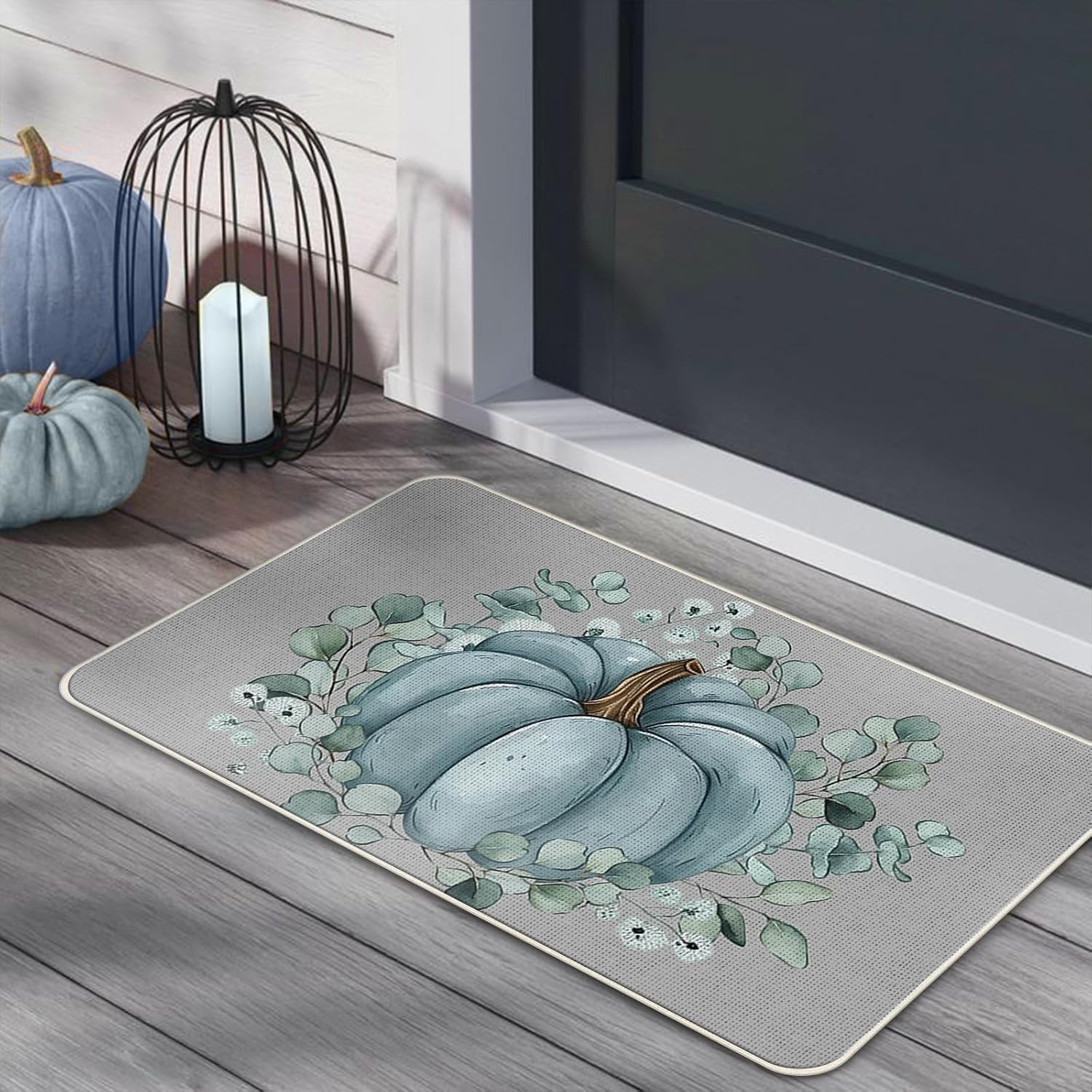 Fall Teal Grey Pumpkin Kitchen Rugs Set of 2, Gray Autumn Thanksgiving Eucalyptus Leaves Floor Mats Home Decor, Farmhouse Rustic Door Mat Decorations - 17x29 and 17x47 Inches