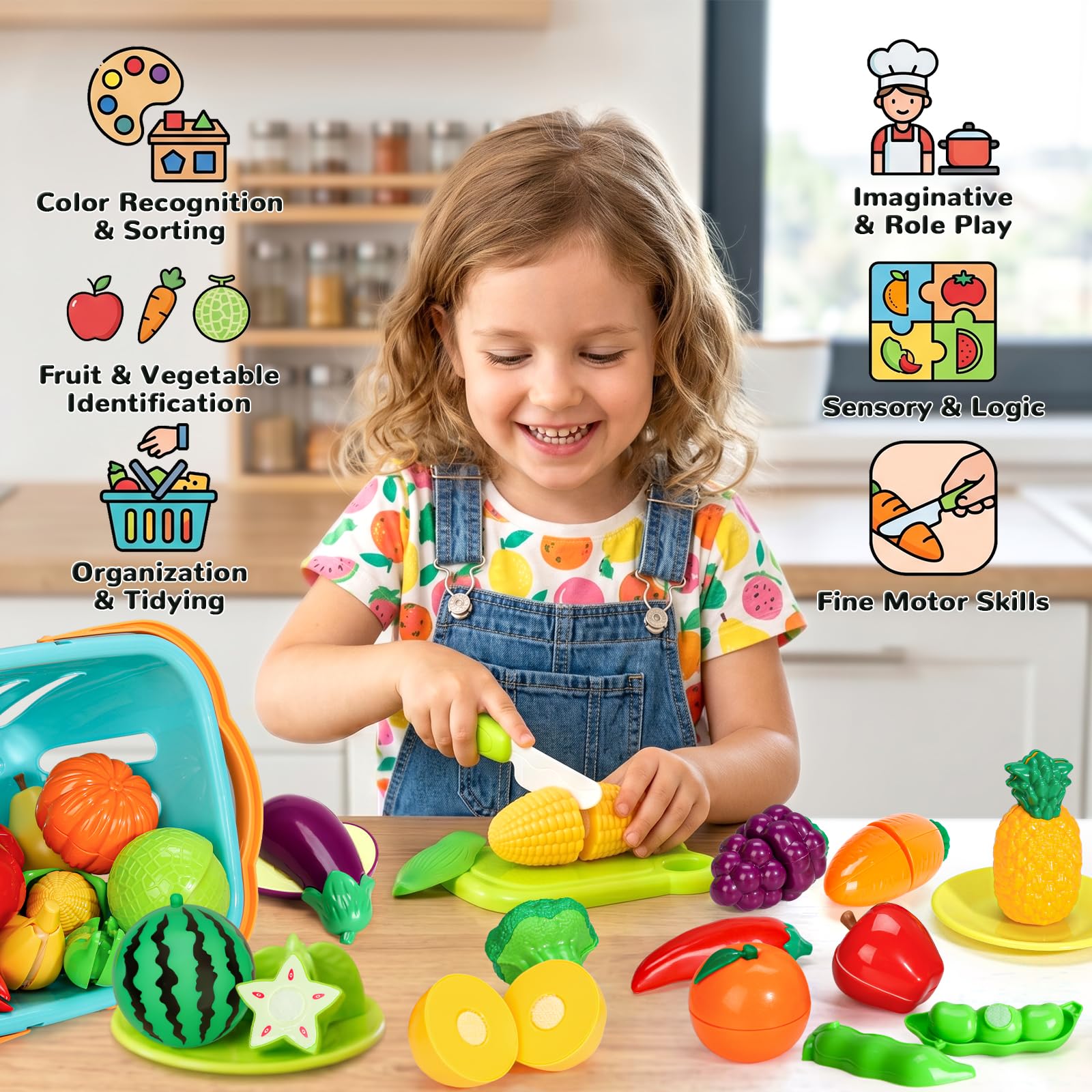 SOCBTNSO Essens-Set mit Filz-Baummatte und Aufbewahrungskorb: Küchenzubehör, Spielzeug, Obst und Gemüse, sensorisches Spielzeug, Montessori-Farbsortierung, Geschenk für 3, 4, 5, 6 Jahre, Kleinkinder