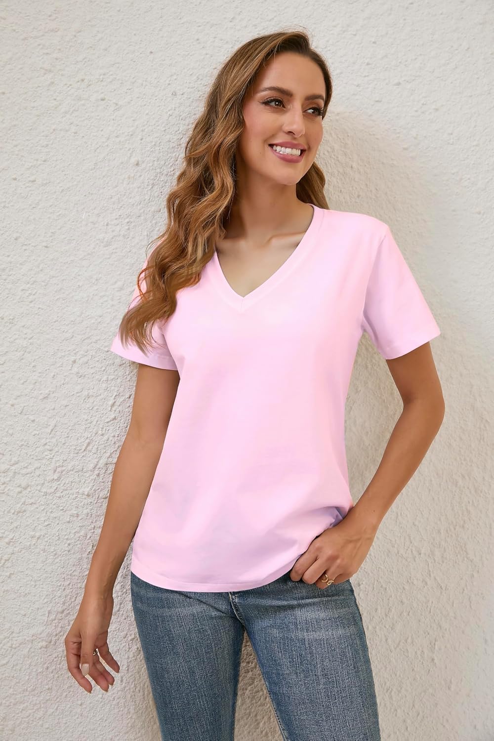 100% Cotton V Neck Short Sleeve T Shirts for Women, Plain T-Shirt，Basic Tees - Image 2