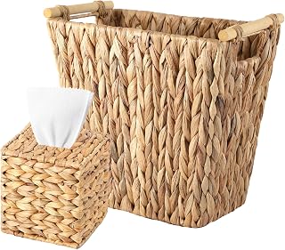 Wicker Trash Can & Square Tissue Box Holder, Water Hyacinth Waste Paper Baskets with Wooden Handles,Handwoven Waste Basket for Bathroom, Bedroom, Office (Wooden Handles Trash Can)