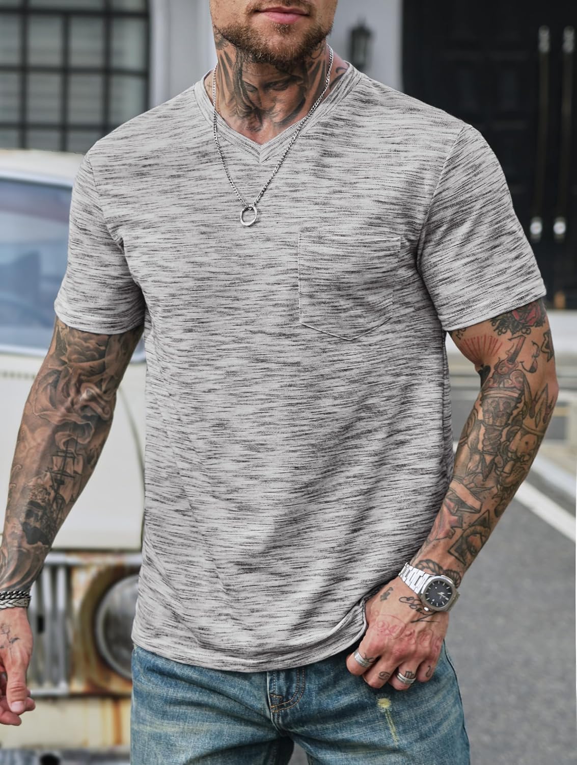 Men's V Neck T Shirts Casual Stylish Fitted Stretch Tee Shirt with Pocket (S-3XL) - Image 2