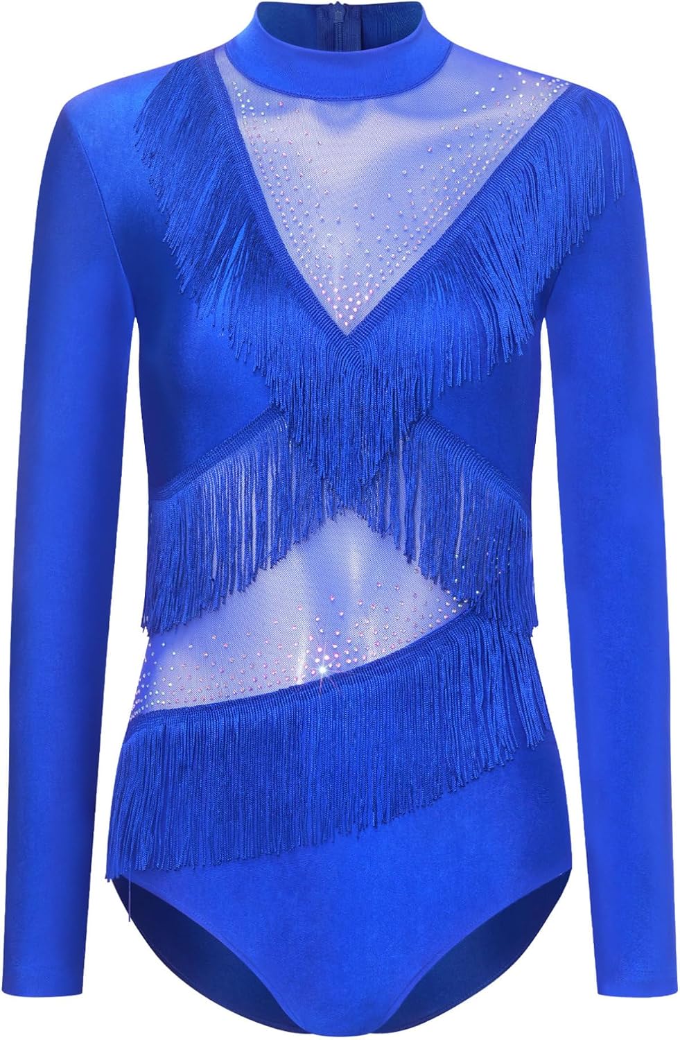iiniim Women Latin Dance Costume Rhinestone Mesh Fringed Leotard Tassel Samba Bodysuit Ballroom Dancewear