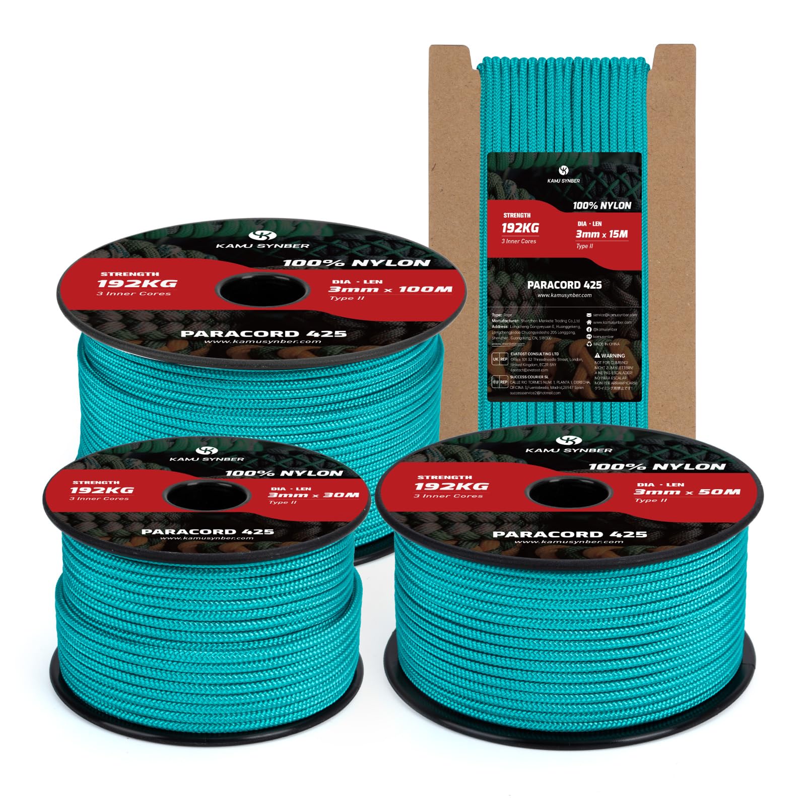 Kamu Synber 425 Paracord 3mm x 30m 100% Nylon Rope 3 Strands Parachute Cord Type II for Outdoor, Crafting, DIY | Support 192kg | Turquoise