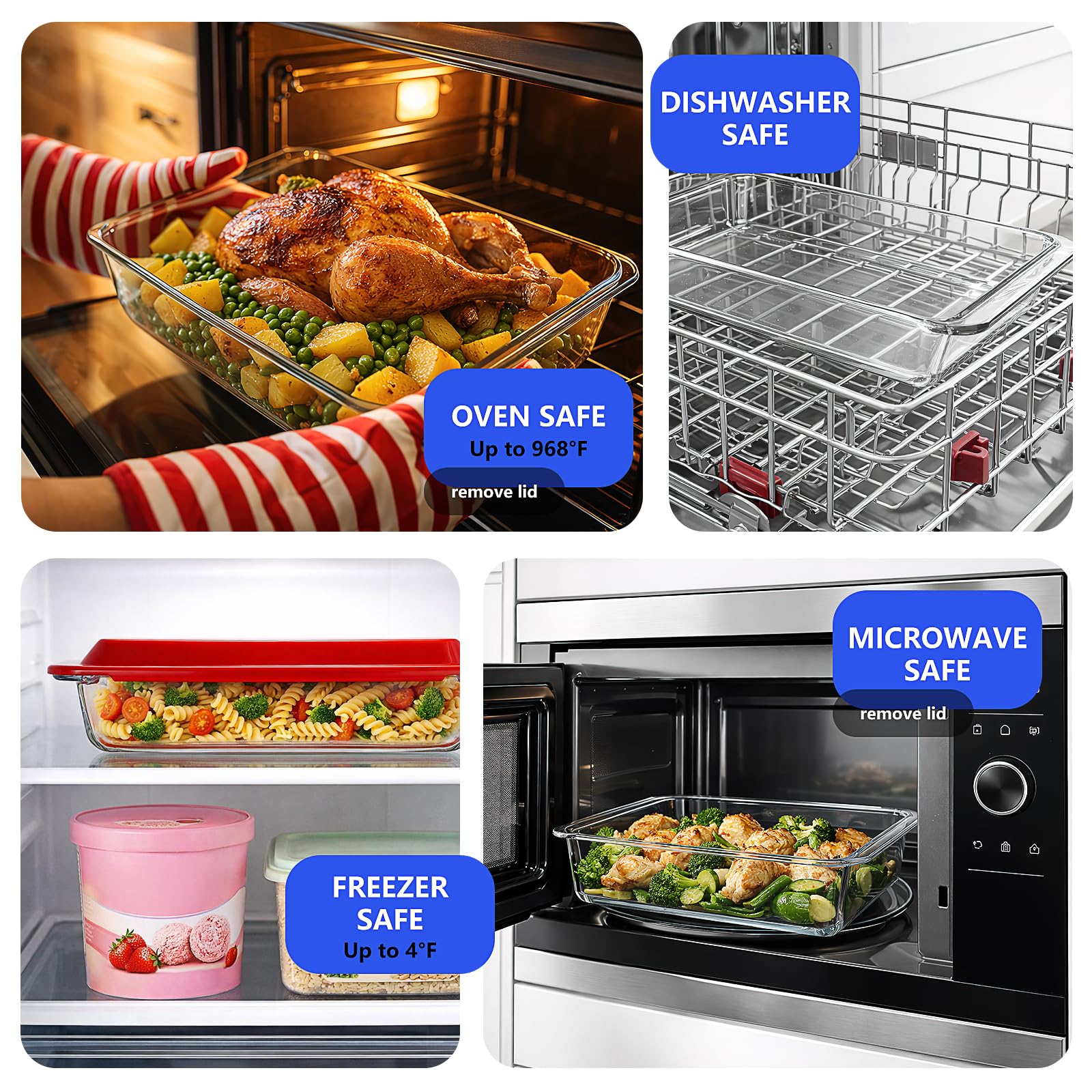 Set di 4 teglie da forno in vetro con coperchio, set di pirofile rettangolari, 1 l, 1,7 l, 2,8 l, 4,2 l, set da forno in vetro trasparente, per cucina, casa, ristorante, hotel, forno lavabile in