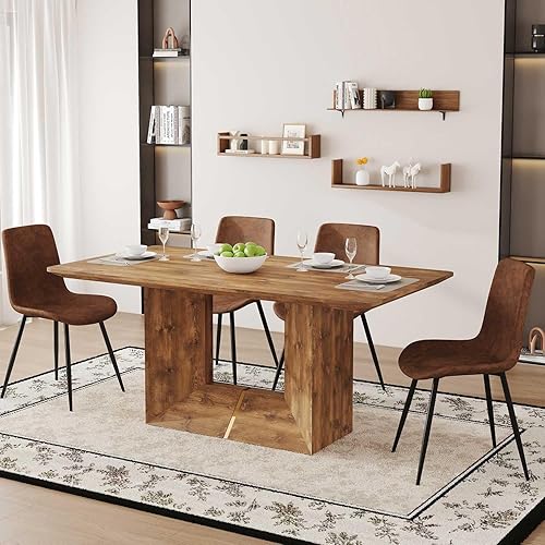 Miniatura 16 de Juego de mesa de comedor de 63'' para 6, juego de mesa de comedor de estilo granja de mediados de siglo para 6, mesa de grano de madera con base en