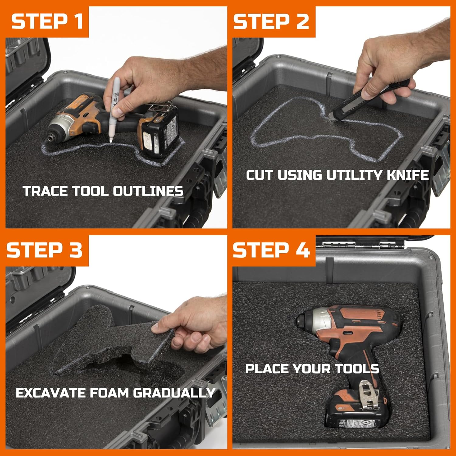 ONREVA Tool Box Foam, 1PC 48x24x2 inch, Foam Inserts for Cases, Polyethylene Storage Sheets for Toolbox Hard Case, Tool Shadow Insert, Kaizen Organizer Sheet, Black with Orange