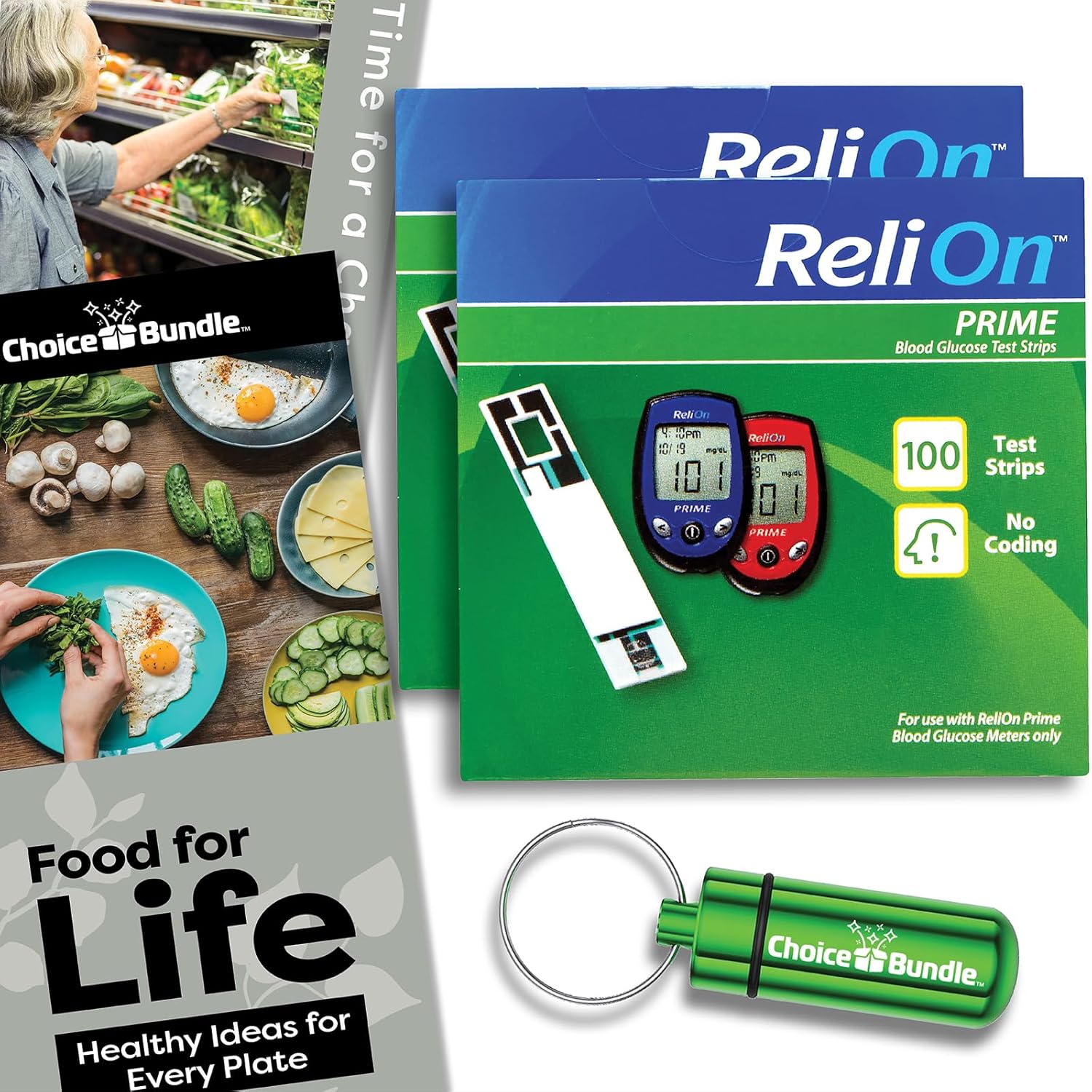 ReliOn Prime Blood Glucose Test Strips 100 Ct Reli On 2 Pk Choice Bundle (200 Total) + Food for Life & Portable Pill Holder (4 Items)!