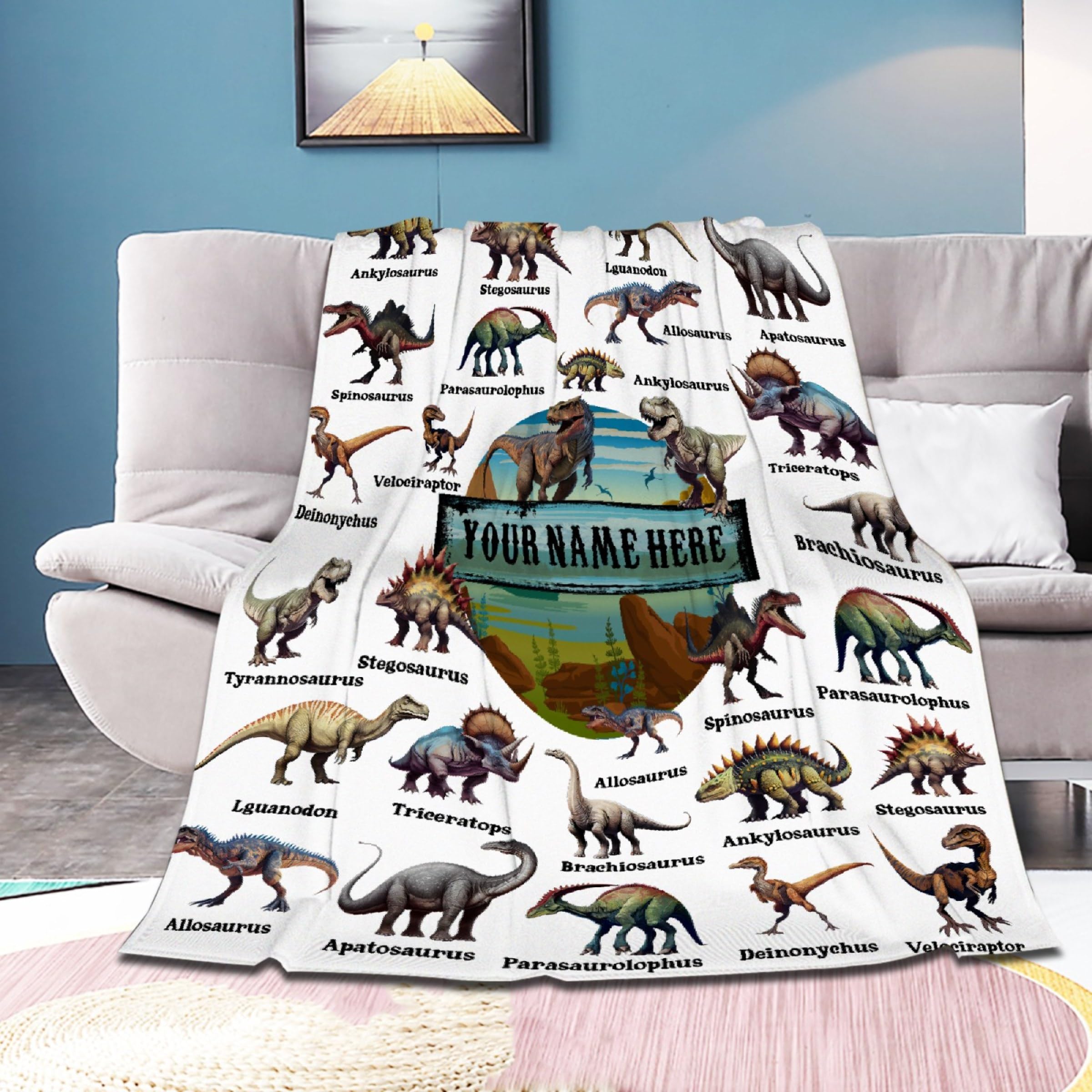 Personalized Dinosaurs Blanket Gift for Boy Girl,Custom Dinosaur Blanket