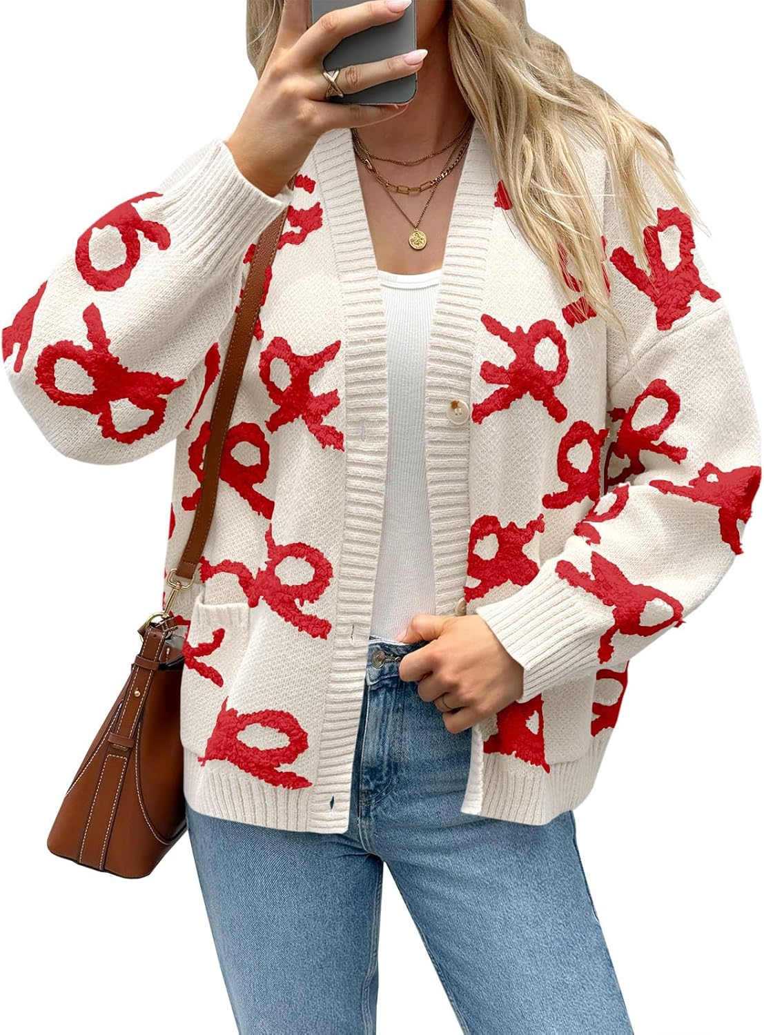 Saodimallsu Womens Bow Cardigan Sweaters Button Up Chunky Knit Loose Fit Fall Winter Sweater Coats with Pockets