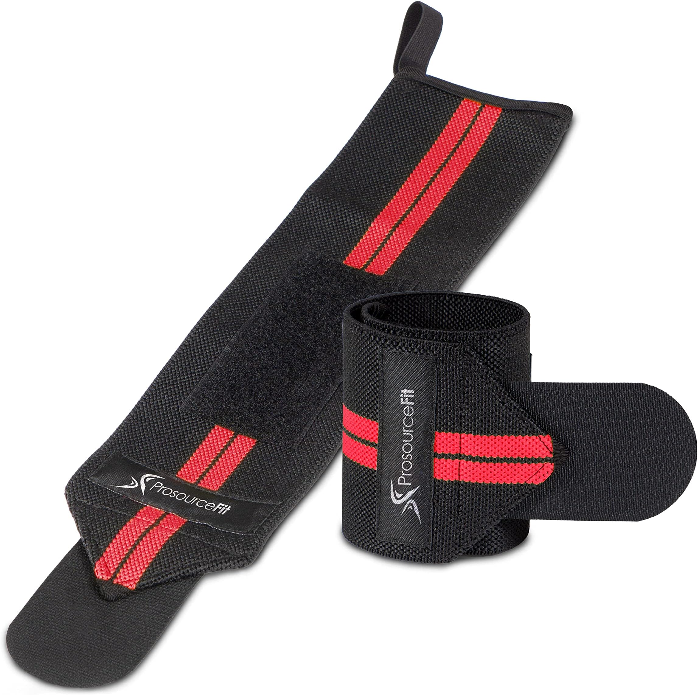 Pair of Barbell Weight Lifting Wrist Wraps Support with Thumb Loop, Red