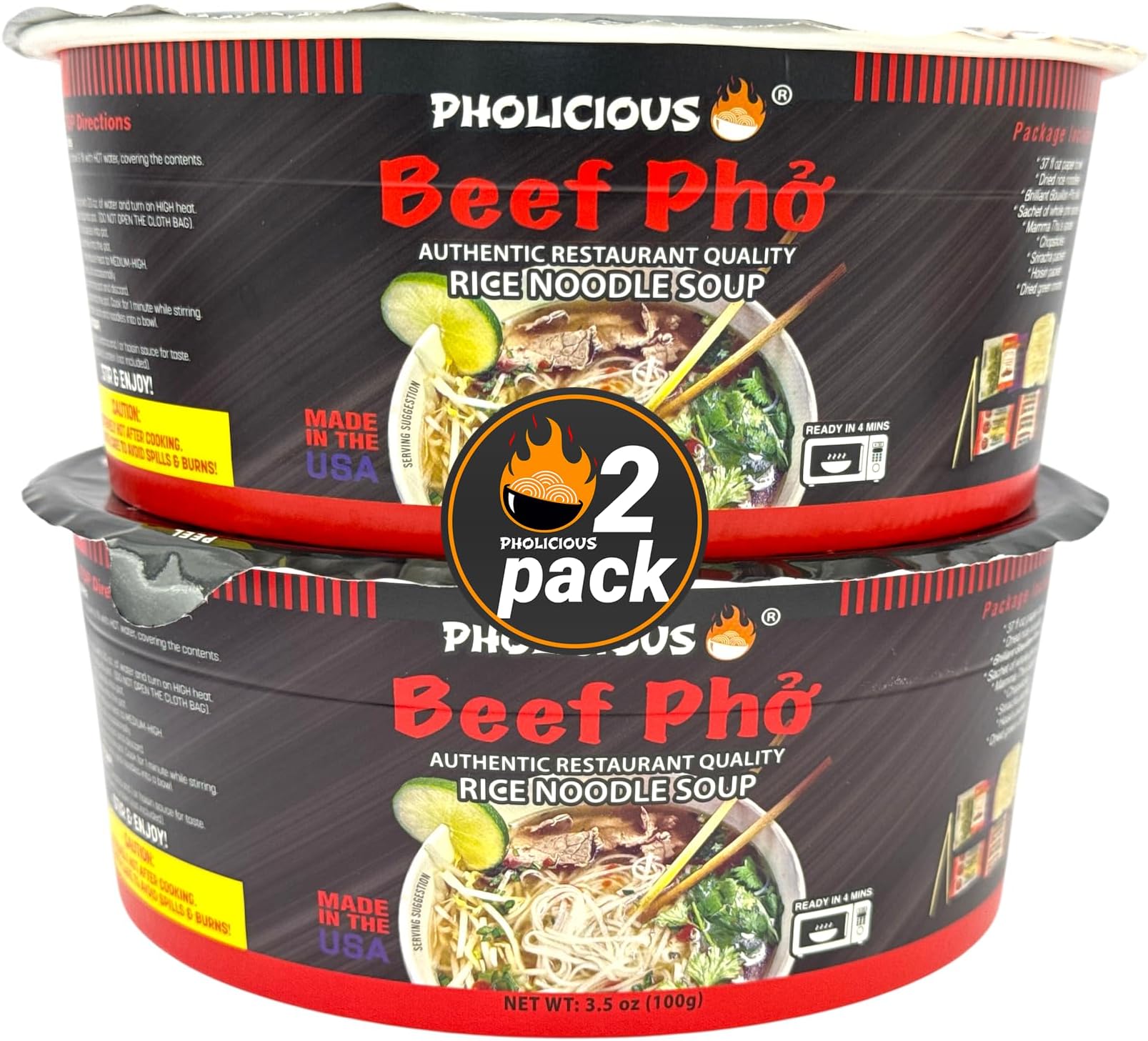 PhoLicious Instant Beef Pho, Authentic Vietnamese Rice Noodle Soup Kit with Spices & Broth Mix, Ramen Noodles Alternative, Quick Microwave Meal - Pho Noodles Bowl - Beef Flavor (2 Pack)