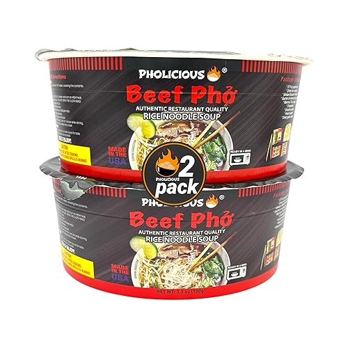 PhoLicious Instant Beef Pho, auténtico kit de sopa de fideos de arroz vietnamita con mezcla de especias y caldo, alternativa de fideos ramen, comida