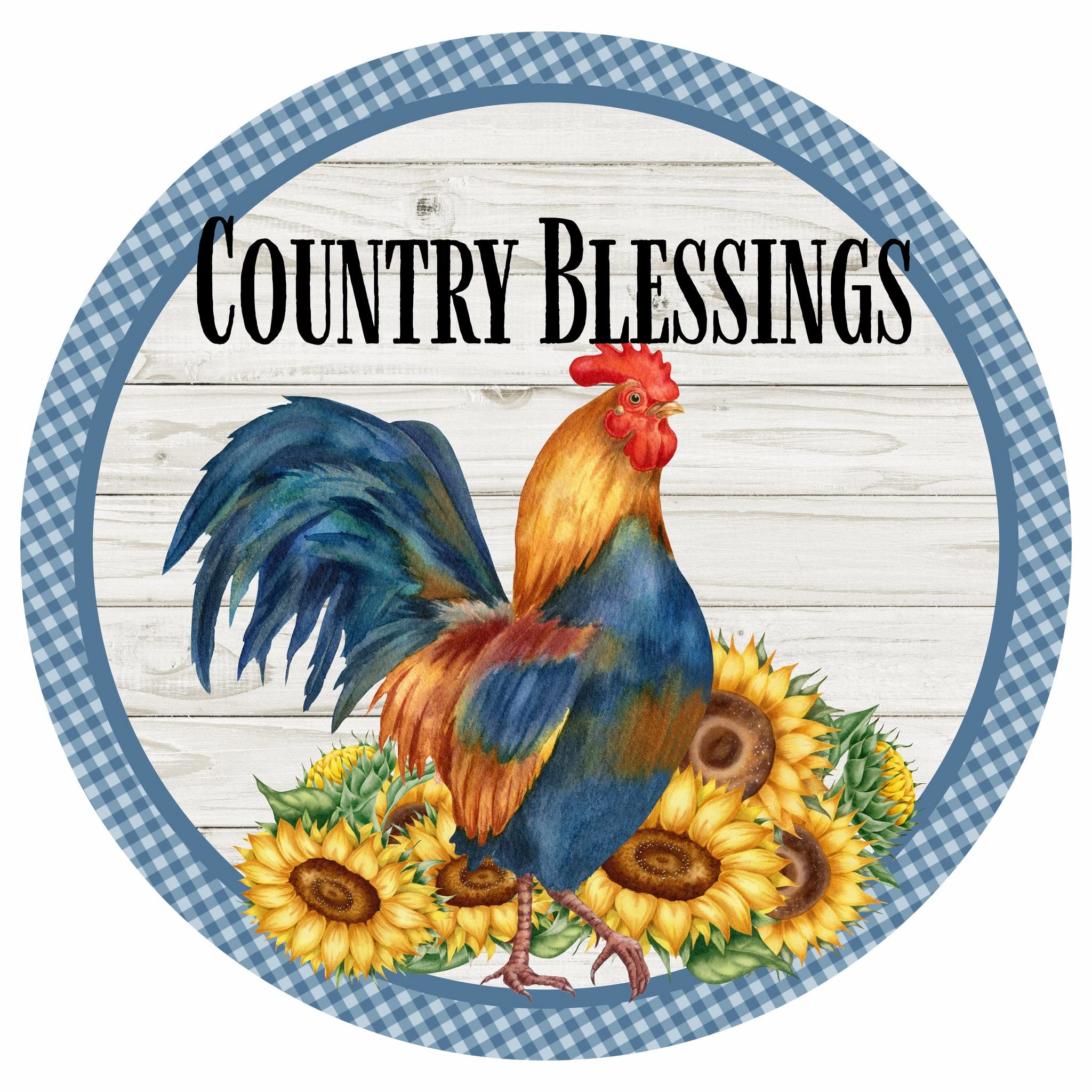 Retro Round Tin Sign 12 X 12 Inches Country Blessings Rooster Sunsflowers Wreath Attachment Funny Wall Decor Nostalgic Arts Decor Waterproof Plate Decoration Novelty Decorative Crafts Home Decor