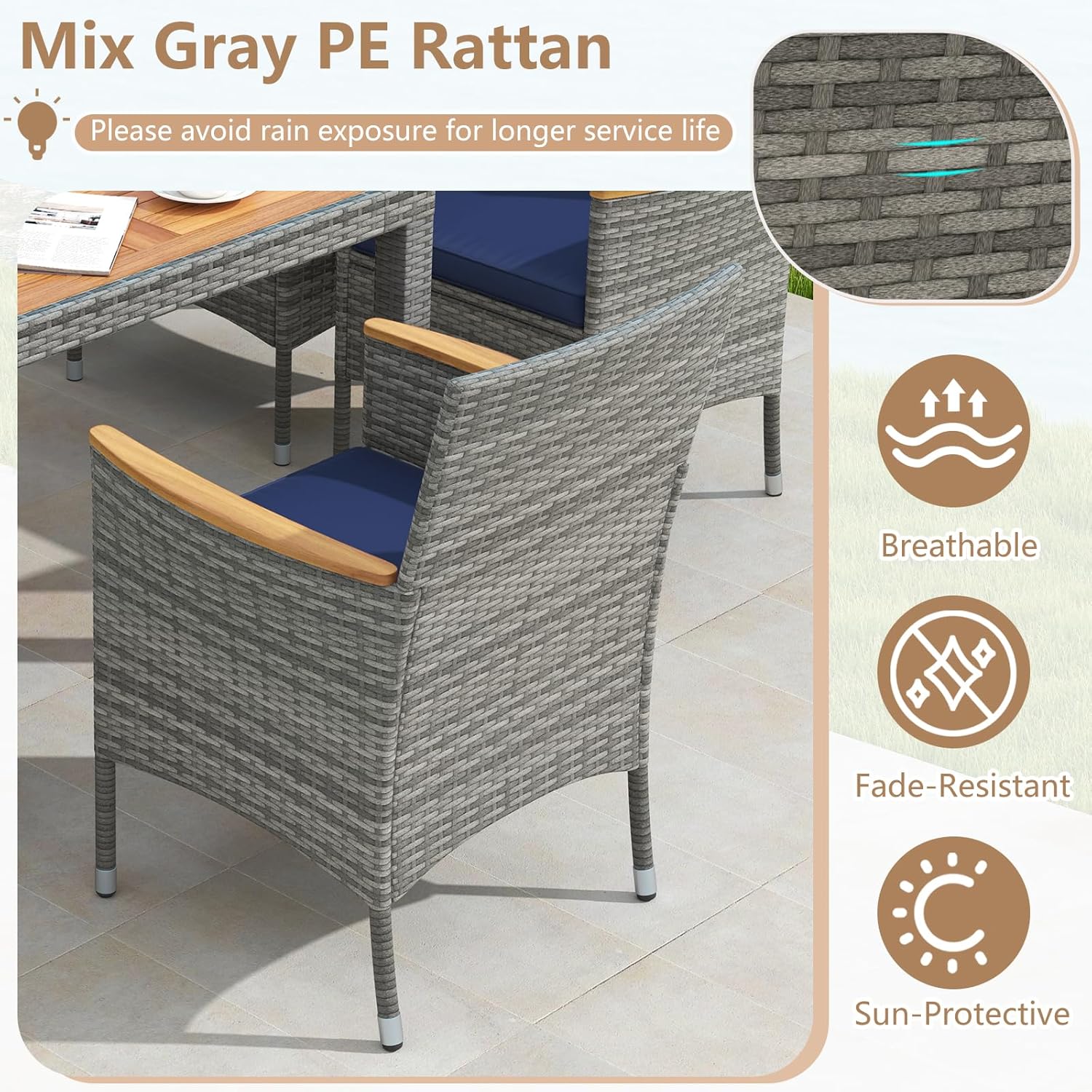 COSTWAY 9-Piece Patio Dining Set for 8, Outdoor Rattan Wicker Table and Chairs Furniture Set with Umbrella Hole, Acacia Wood Tabletop for Backyard, Balcony, Poolside, Grey & Navy