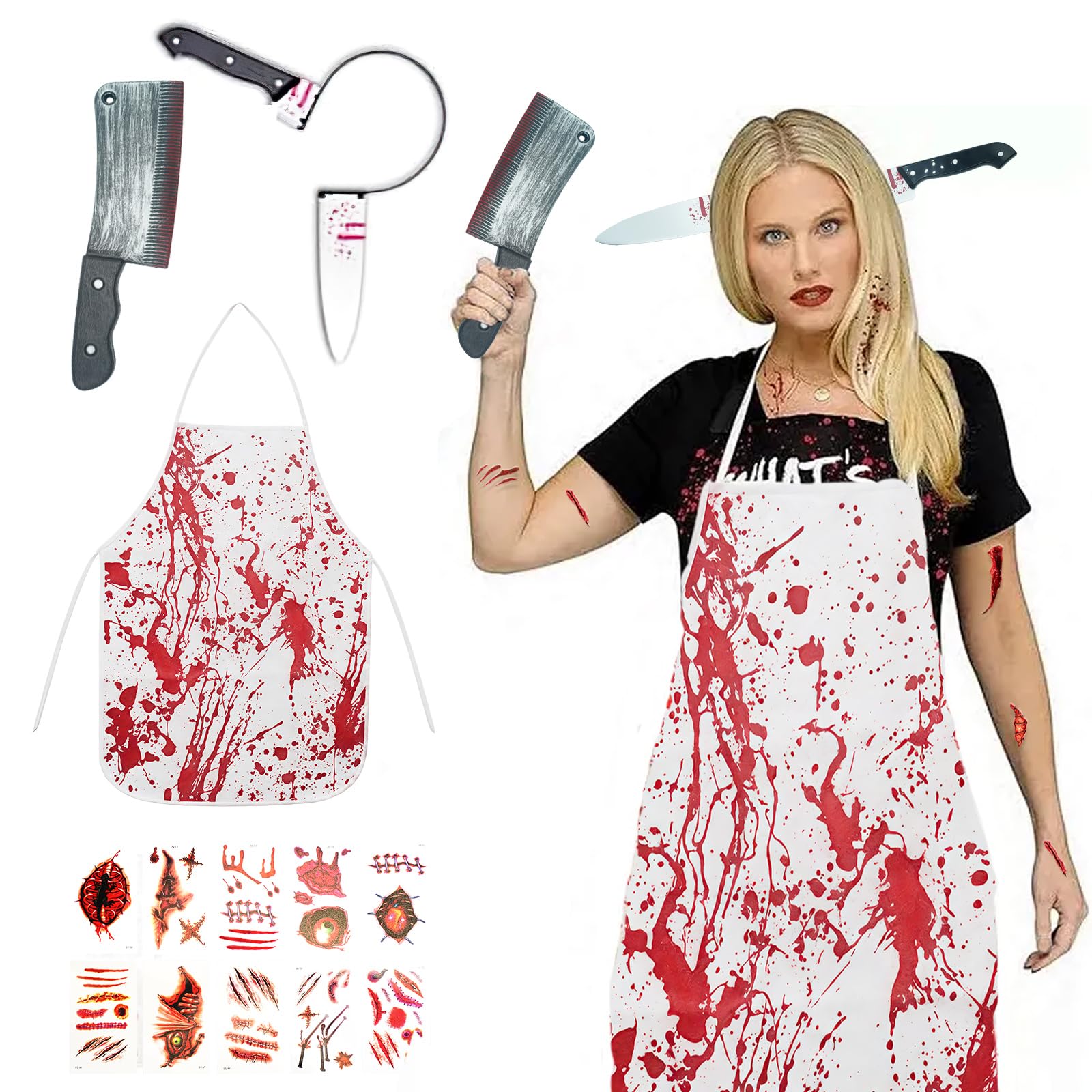 Kaizuca Halloween Butcher Costume, Horror Outfit with Apron and Hair Accessory, Scary Halloween Accessories for Adults