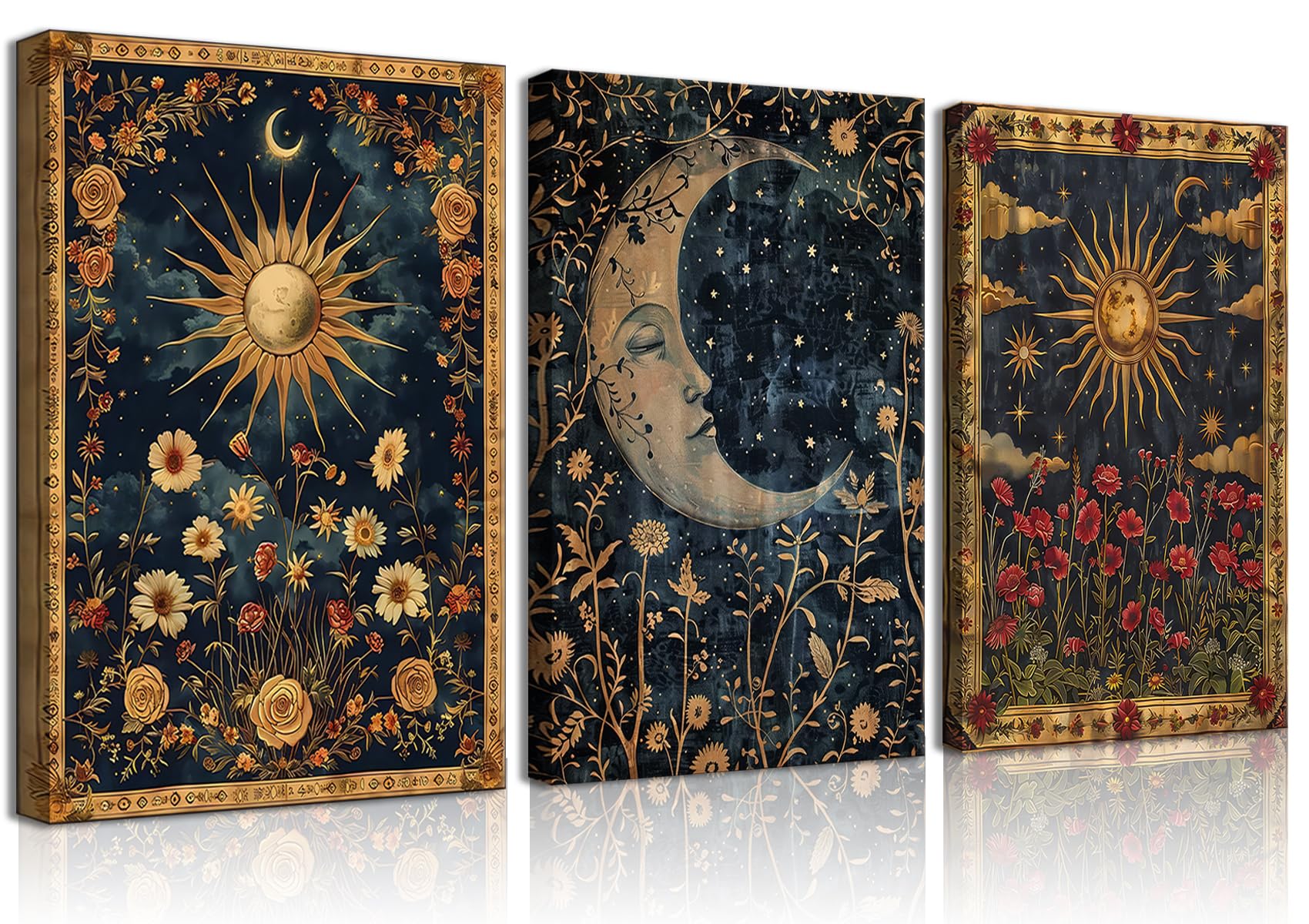 Condition photo showing New/Like New for 3pcs sun and moon celestial canvas wall art tarot crescent moon picture wall decor gothic wildflowers painting posters print artwork aesthetic dark academia vibe for bedroom home decor(16x24in canvas)