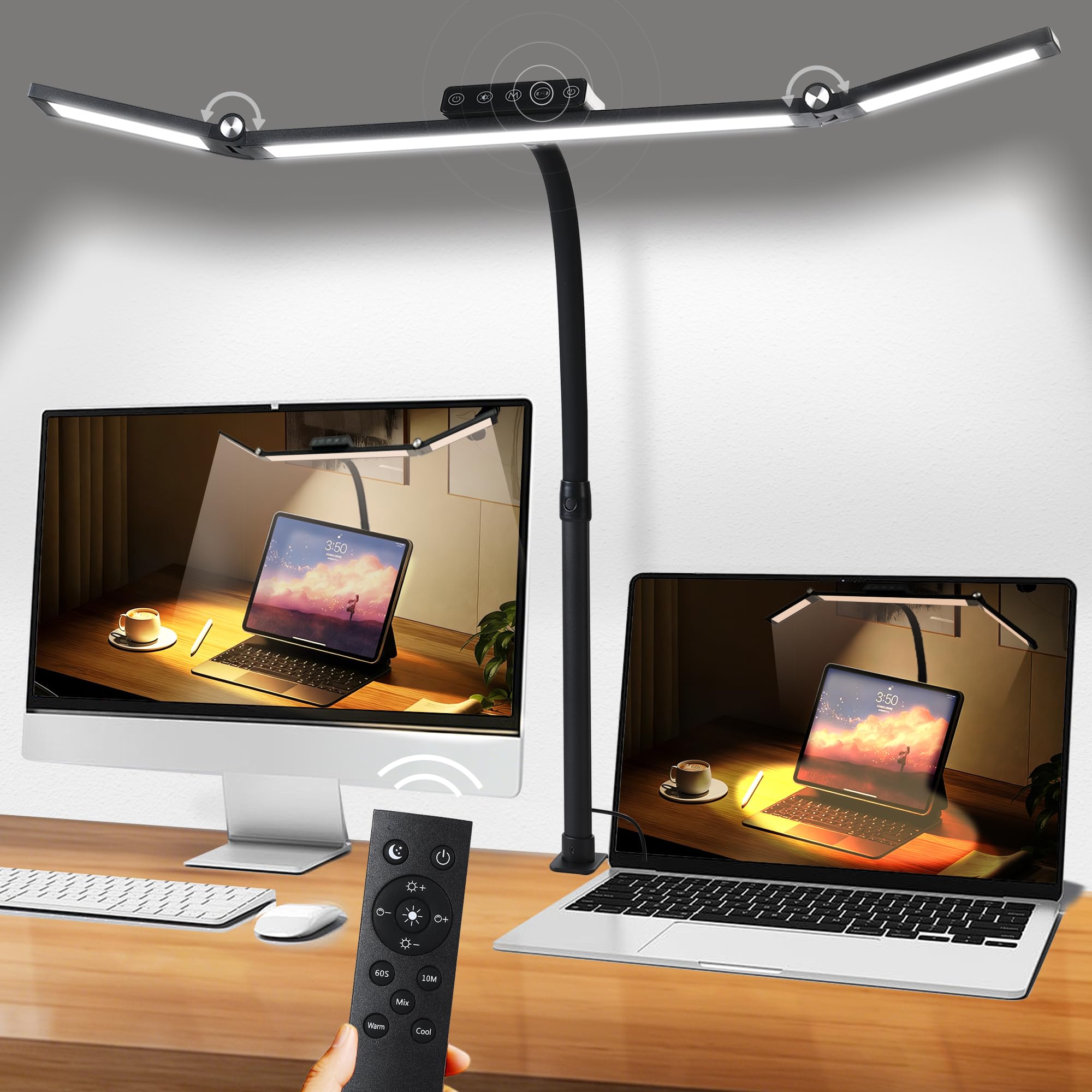 Overcomo Led Desk Lamp with Clamp - Reading Table Lamp for Home Office with Atmosphere Lighting,24W Ultra Bright Smart Infrared Sensor Computer Lights Stepless Dimming and Tempering LED Table Light