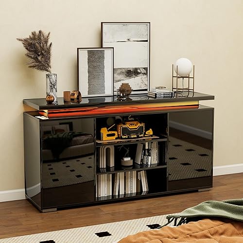 Miniatura 8 de Soporte de TV de alto brillo, centro de entretenimiento moderno con almacenamiento de 2 puertas para televisores de hasta 60 pulgadas, mesa consola