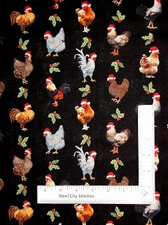 FlashPhoenix Quality Sewing Fabric – Christmas Rooster Fabric Chicken in Santa Hats Black 100% Cotton by Yard Size: 36" x 44"