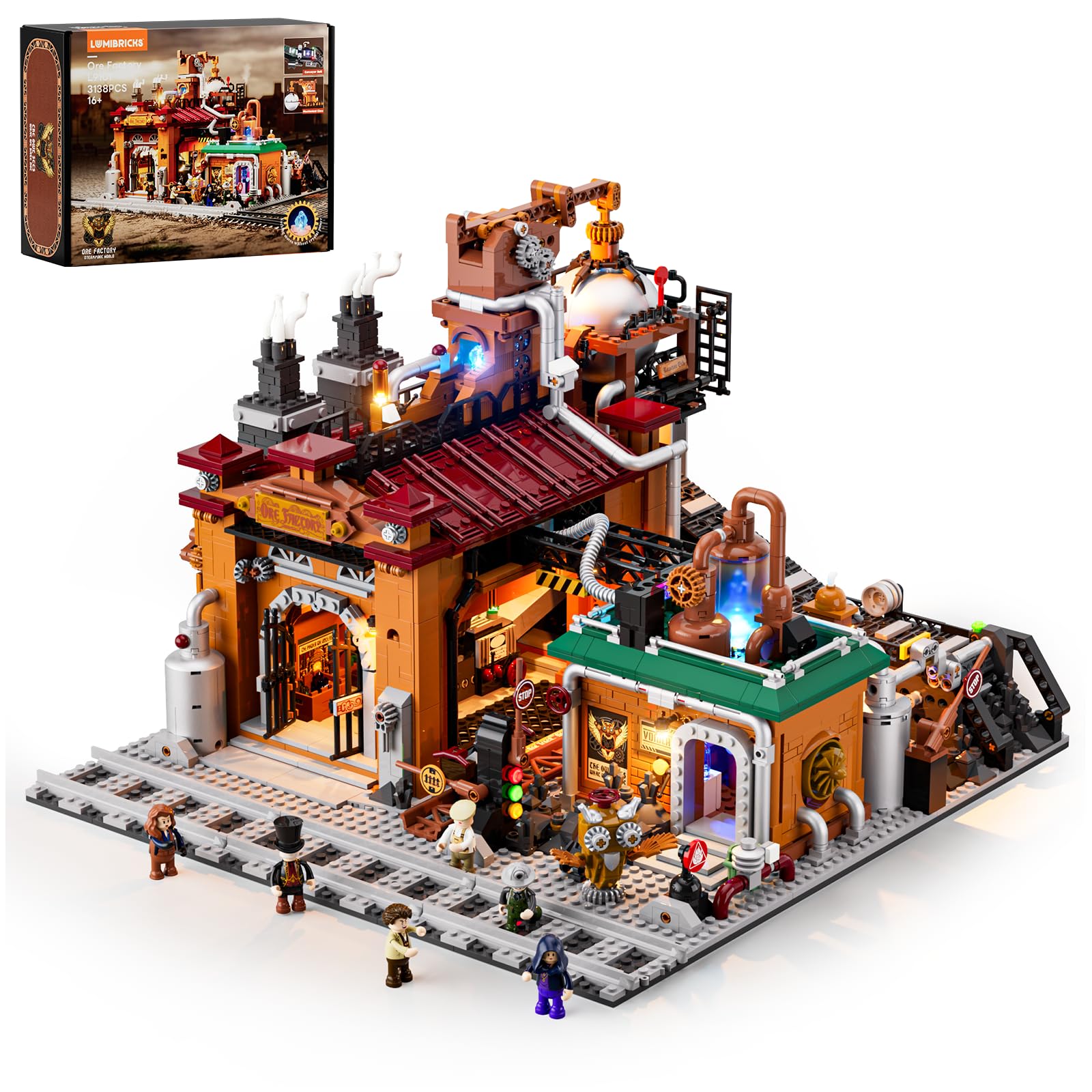 Lumibricks Steampunk Ore Factory Building Set with Lights - 3138PCS Victorian Mechanical Model Kit with LED, Compatible with Train Tracks, Creative Collectible Gift for Adults and Kids