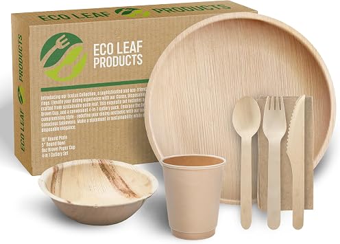 ECO Leaf 350 Pcs Disposable Palm Leaf Dinner Set | 50 X 10 Round Plates, 5 Round Bowls, 8oz Bamboo Paper Cups, Wooden Cutlery Set | Eco-Friendly Heavy-Duty Bundle for Wedding, Party, Picnic