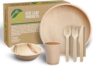 ECO Leaf 175 Pcs Disposable Palm Leaf Dinner Set | 25 X 10 Round Plates, 5" Round Bowls, 8oz Bamboo Paper Cups, Wooden Cutlery Set | Eco-Friendly Heavy-Duty Bundle for Wedding, Party, Picnic