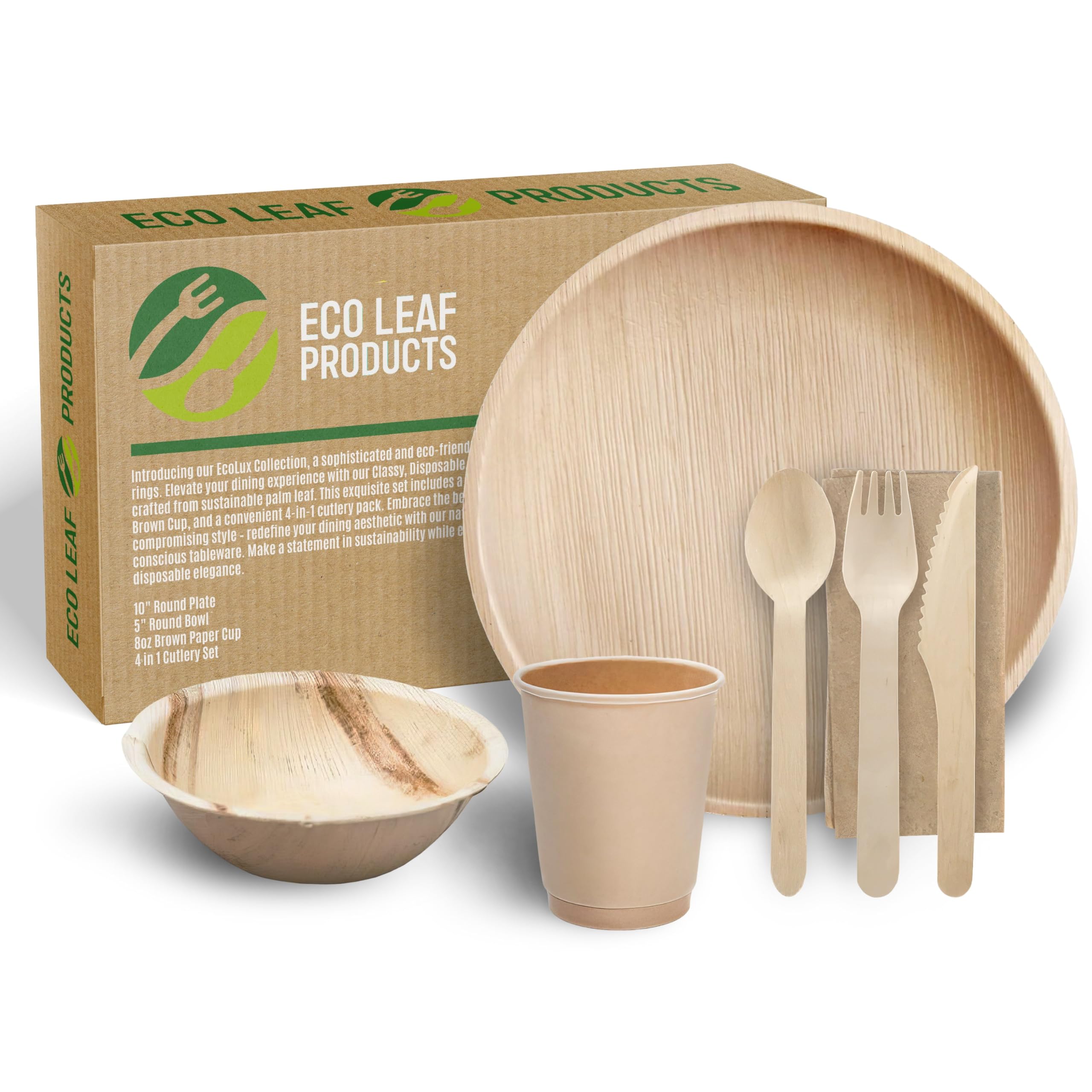 ECO Leaf 350 Pcs Disposable Palm Leaf Dinner Set | 50 X 10 Round Plates, 5" Round Bowls, 8oz Bamboo Paper Cups, Wooden Cutlery Set | Eco-Friendly Heavy-Duty Bundle for Wedding, Party, Picnic