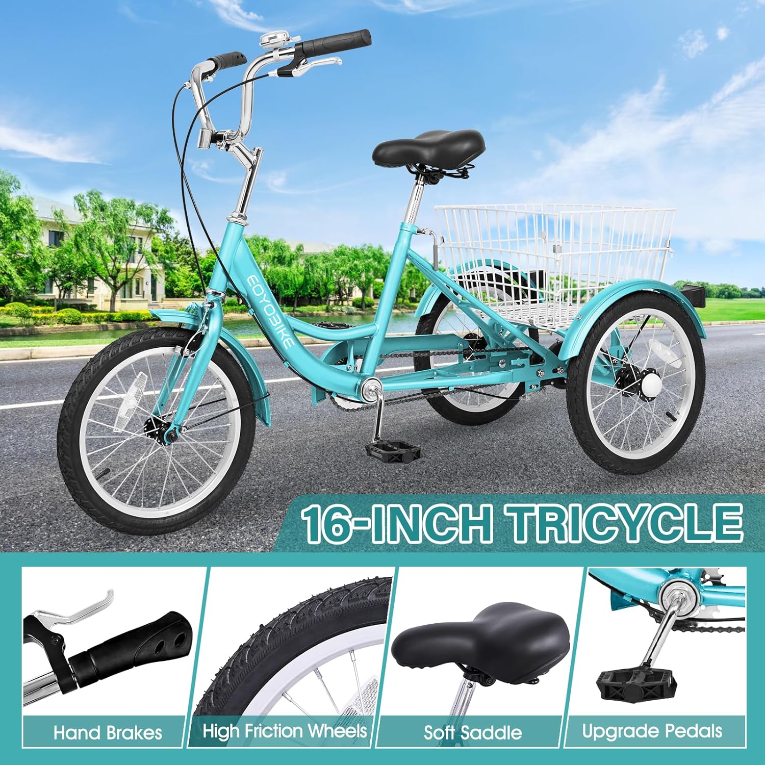 MOPHOTO 16 Inch Small Tricycle for Beginners, 3 Wheel Bike with Low Step-Through Frame, Single Speed Trike with Hand Brakes, Adjustable Seat & Rear Basket, Fits Riders 3'9"–4'9"
