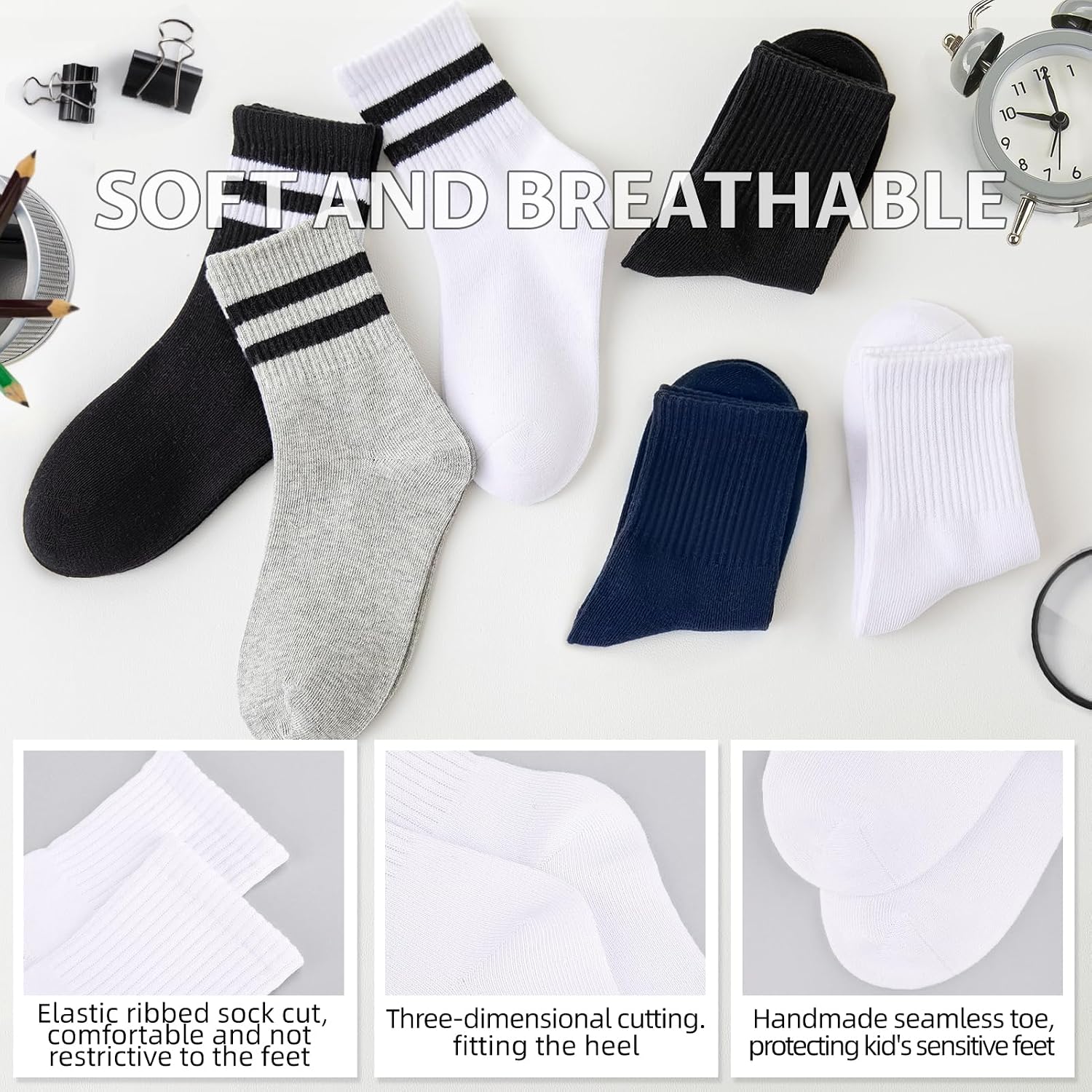 6 Pairs Kids Socks Boys Girls Athletic Crew Socks for School Uniform Cotton Seamless Toe