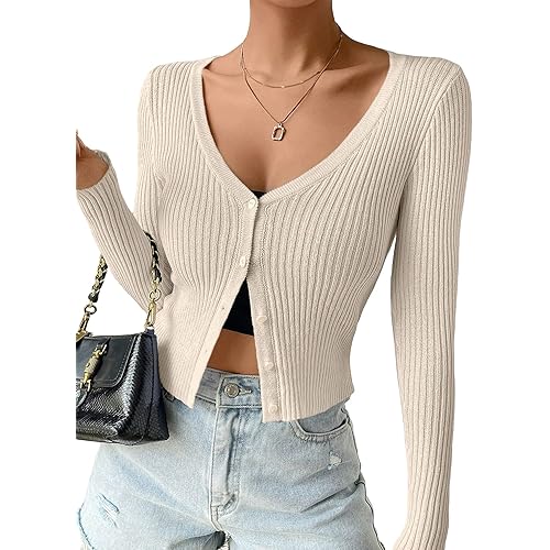 SHENHE Women's Ribbed Knit Button Down V Neck Lightweight Cropped Cardigan Sweater