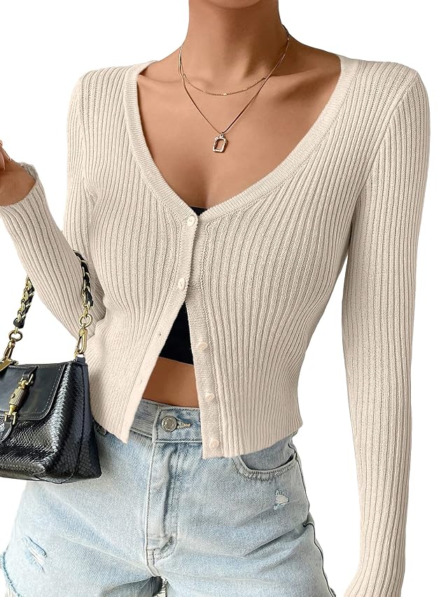 SHENHE Womens Ribbed Knit Button Down V Neck Lightweight Cropped Cardigan Sweater
