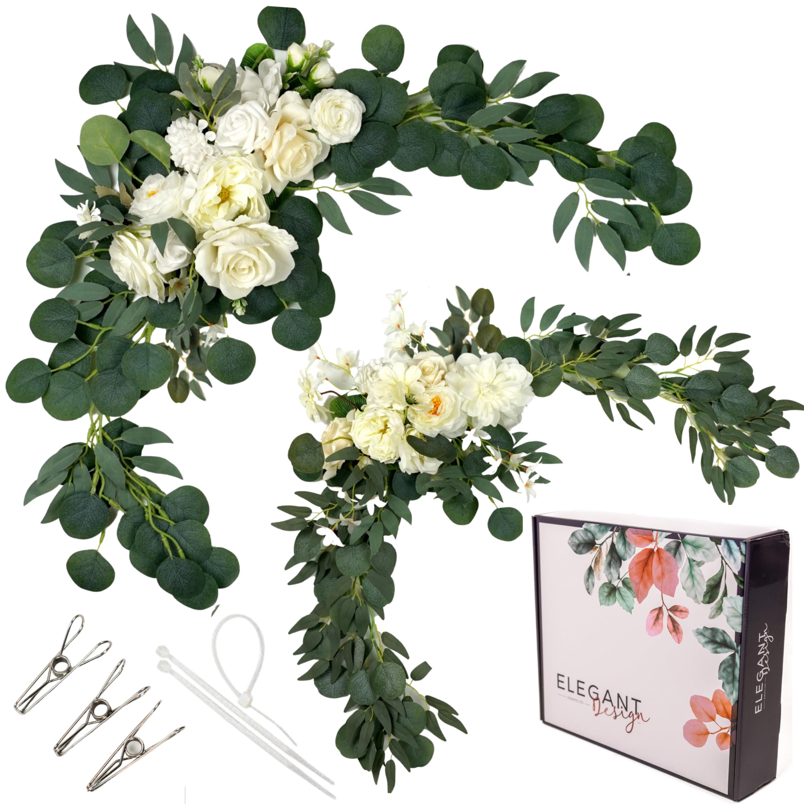 Hochzeitsbogen Blumen XL, 2 Stück (1 x 114,4 cm & 1 x 89,9 cm) Hochzeitsbogen Dekorationen, Hochzeitsdekorationen für Zeremonie Blumendekor, Empfang Hintergrund Künstliche Blumen-Swag (Weiß)