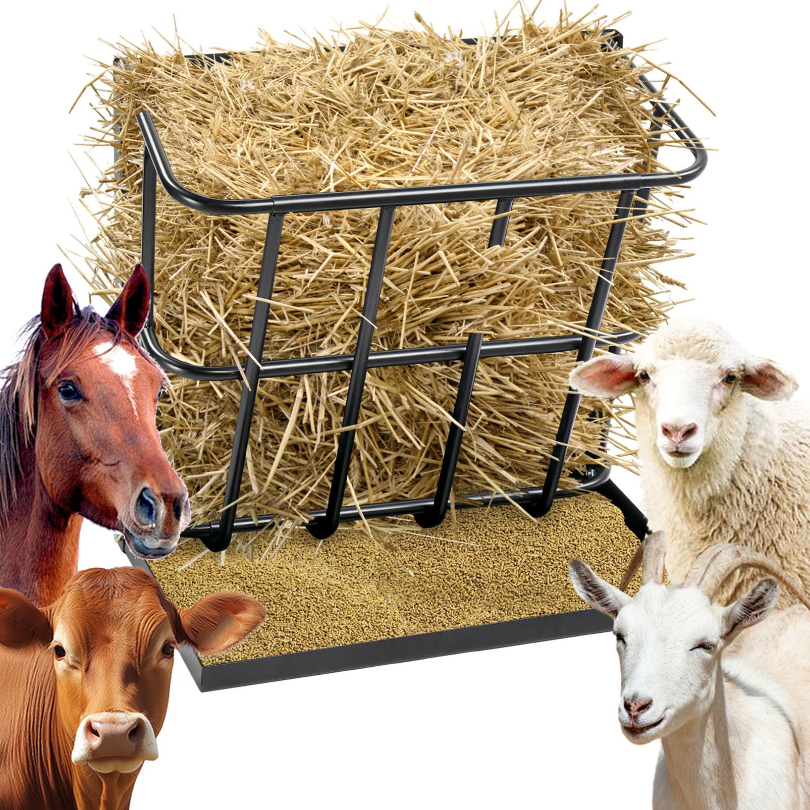 Comedero de heno de 23,6" de Largo para Caballos, comedero de heno de Gran Capacidad para Ganado con Bandeja de Grano Desmontable, Soporte de Pared 2 en 1 para Caballos, ovejas y Cabras, Uso