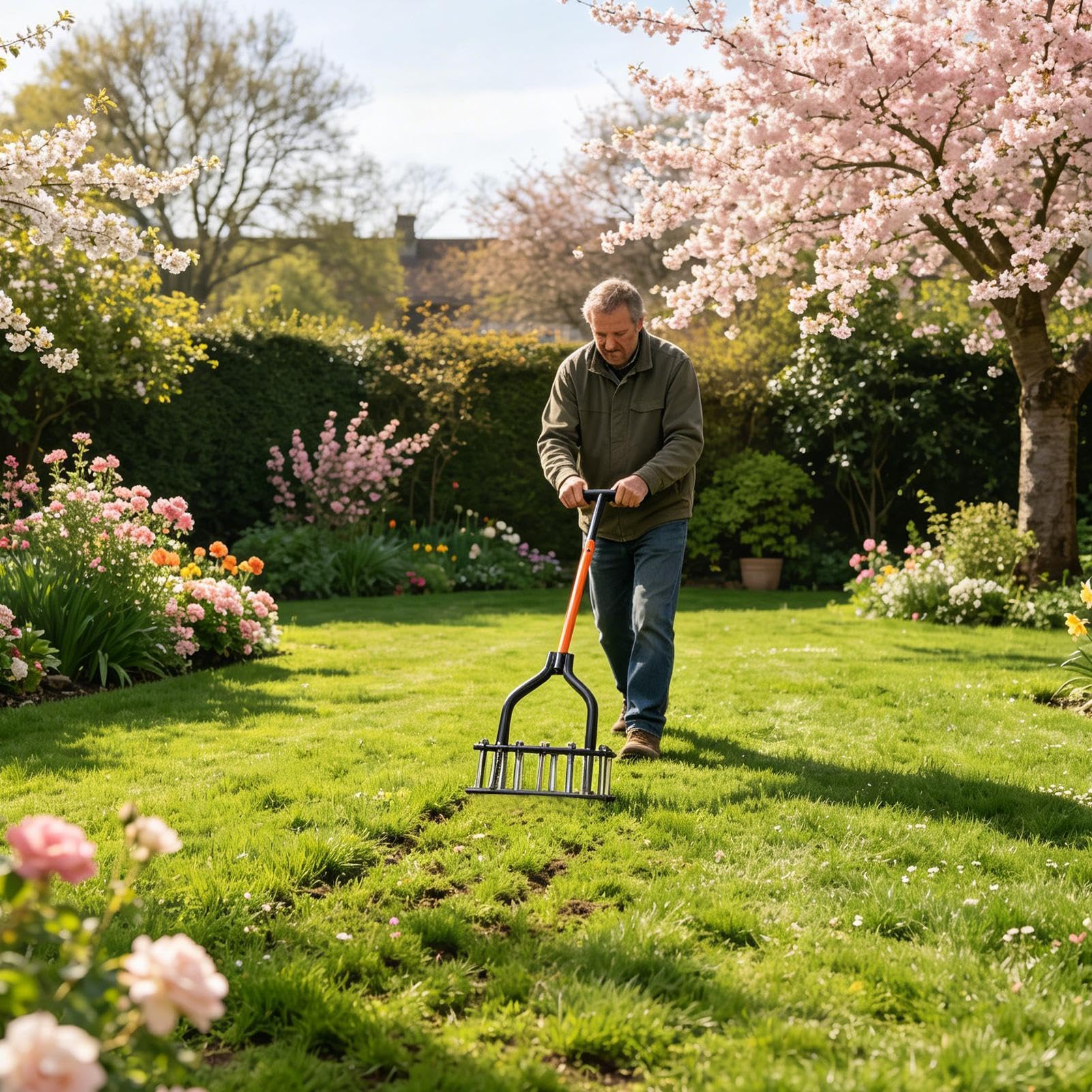 Aireador de Césped Diseño Con Limpieza Automática De Tierra Y Hojas | Aireador Manual Hierba 15 Púas para Terreno Hogar Campo Golf Jardinería Parque Primavera y Otoño Cuidado de Hierba y