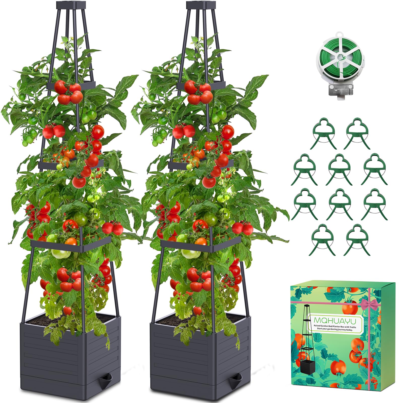 MQHUAYU 145cm Tomatentopf, 2 Pack Selbstbewässerung Tomatentopf mit Rankhilfe,Tomaten Rankhilfe mit Wasserspeicher，Höhe Einstellbar Tomatenturm，für Kletterpflanzen Gemüse Blumen Outdoor&Indoor