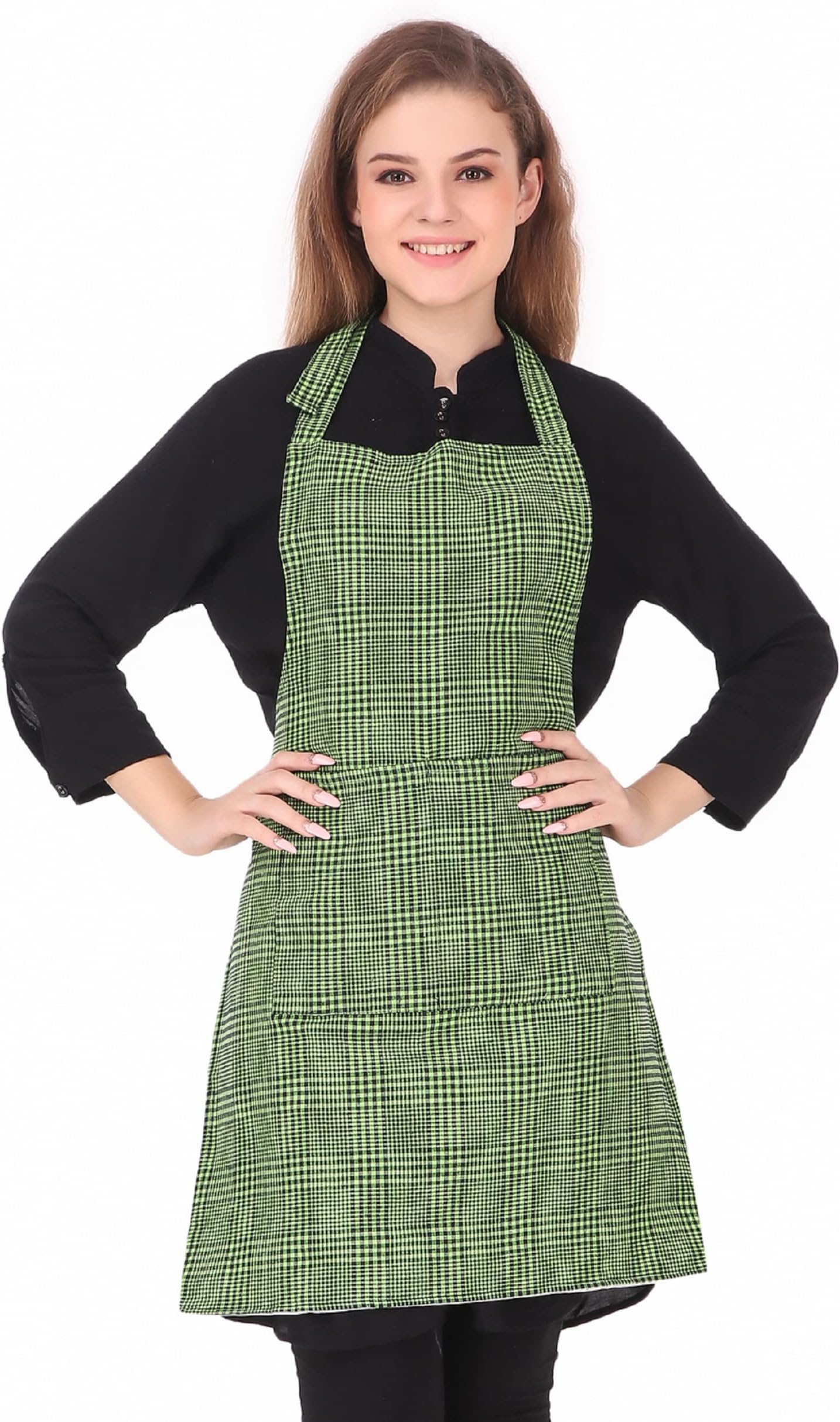 GLUN® Waterproof Unisex Kitchen Apron with Center Pocket and Adjustable Neck Belt with Metal Buckle (PACK OF 1) (Green Check)