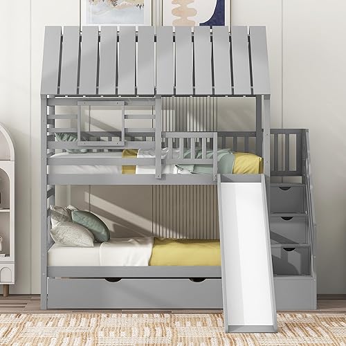 Miniatura 24 de Merax Cama de madera de tamaño completo con ventana y valla, marco de cama matrimonial para adolescentes, niños y niñas, gris