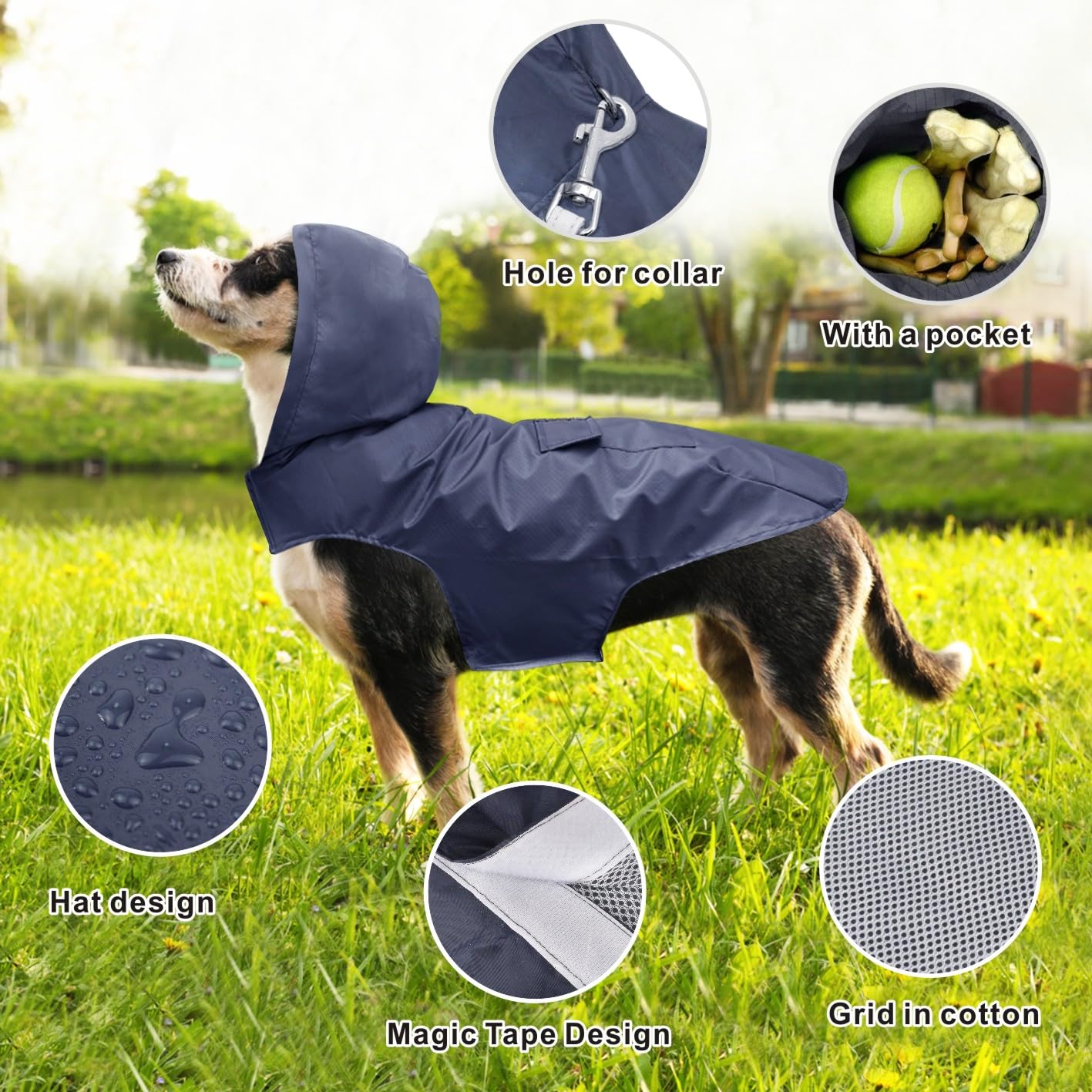 Idepet - Chaqueta impermeable con capucha para perro con aberura para el cuello, poncho reflectante para perro, resistente al viento, para perros pequeños, medianos y grandes