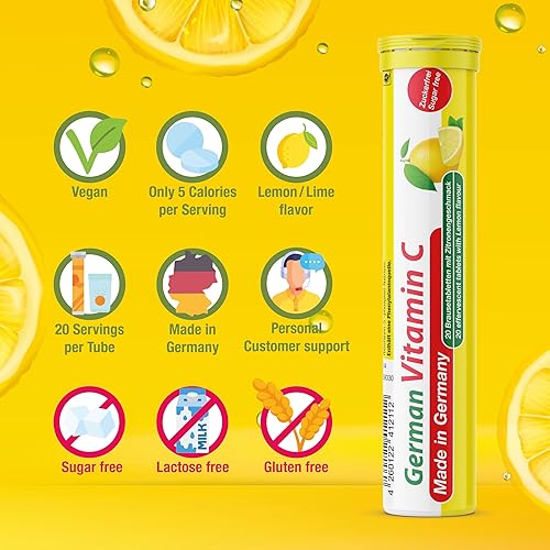Miniatura 5 de Vitamina C alemana de 180 mg  40 tabletas efervescentes de bebida vegana  Sabor limón y lima  Hecho en Alemania