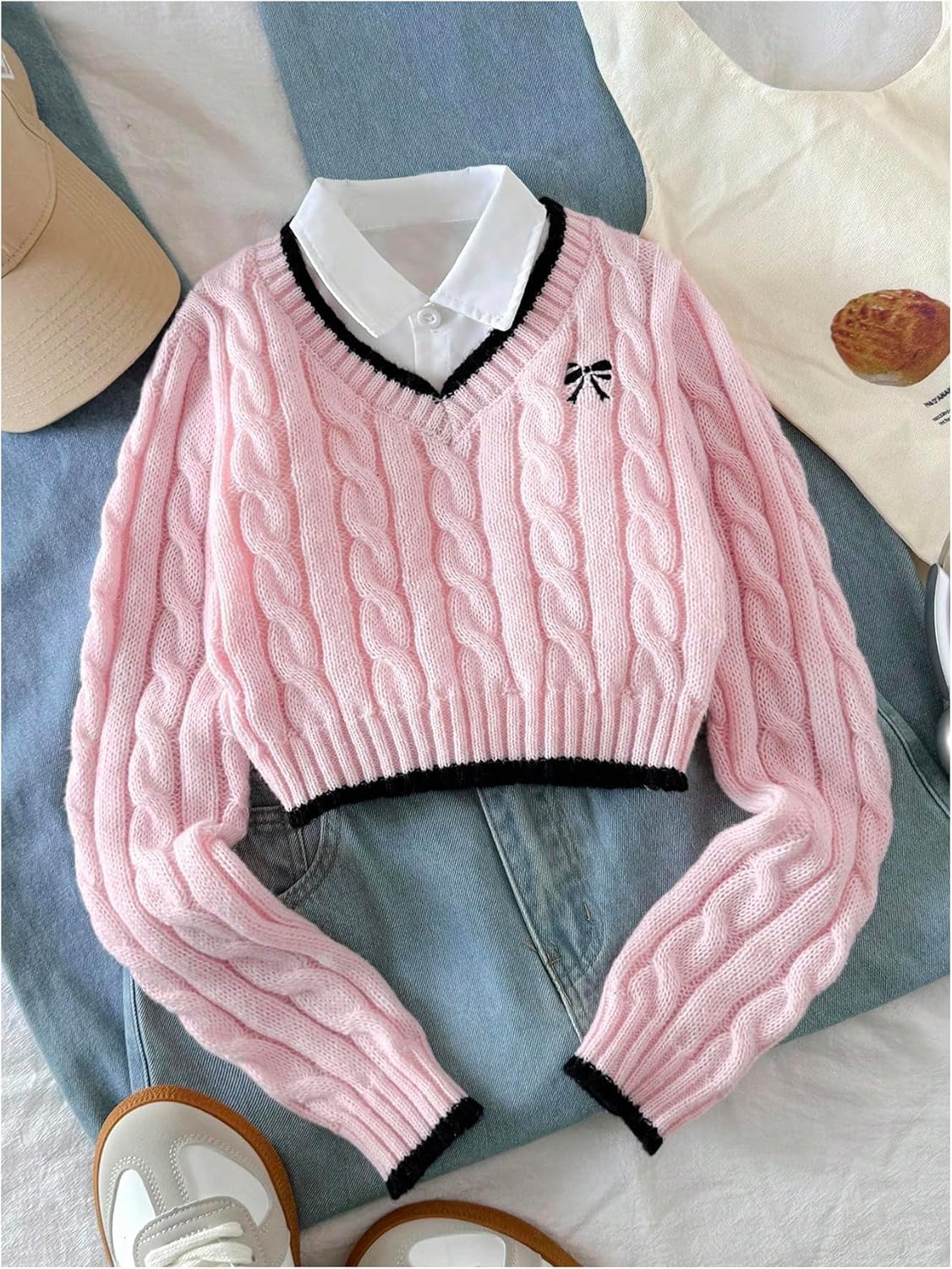 Girl's Bow Embroidery Cable Knit Cropped Sweaters V Neck Long Sleeve Preppy Pullover Jumper - Image 5