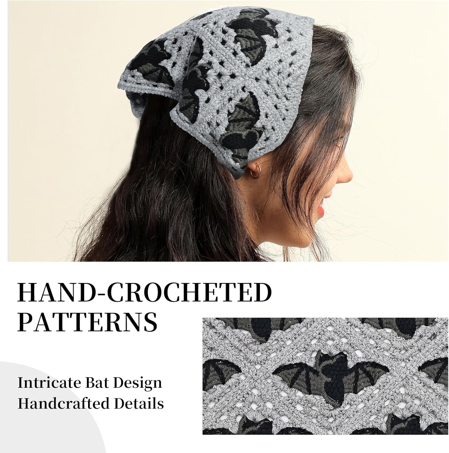 Bat Crochet Headband for Women - Goth Hair Accessories with Reinforced Stitching, Soft Adjustable Cotton Bandana, Halloween and Festival Gift - Image 5