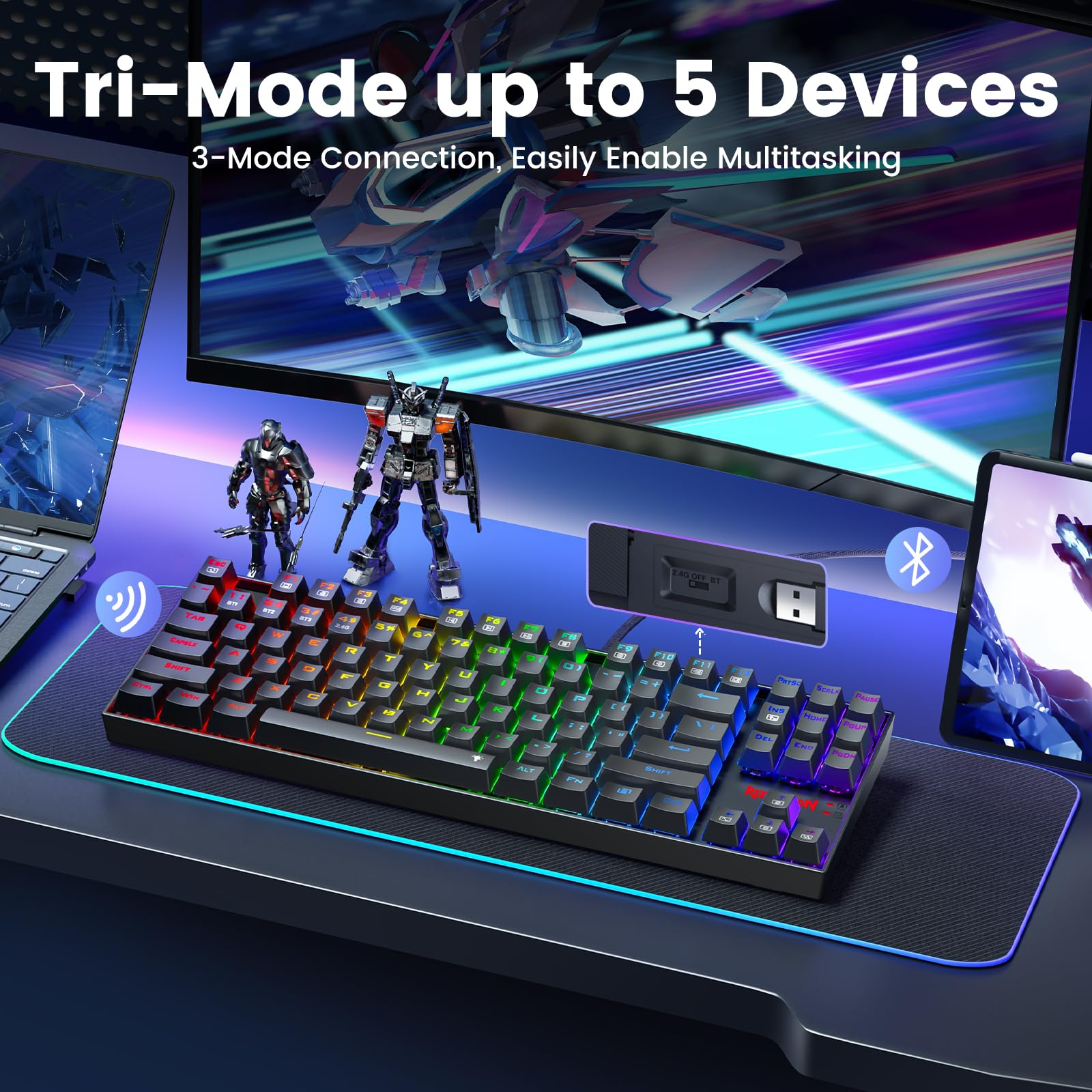 Redragon Wireless Gaming Keyboard, BT/2.4Ghz Tri-Mode Mechanical Keyboard, buit-in Battery, Programmable 87 Keys TKL, LED Rainbow Backlit - K552-KRS view 3